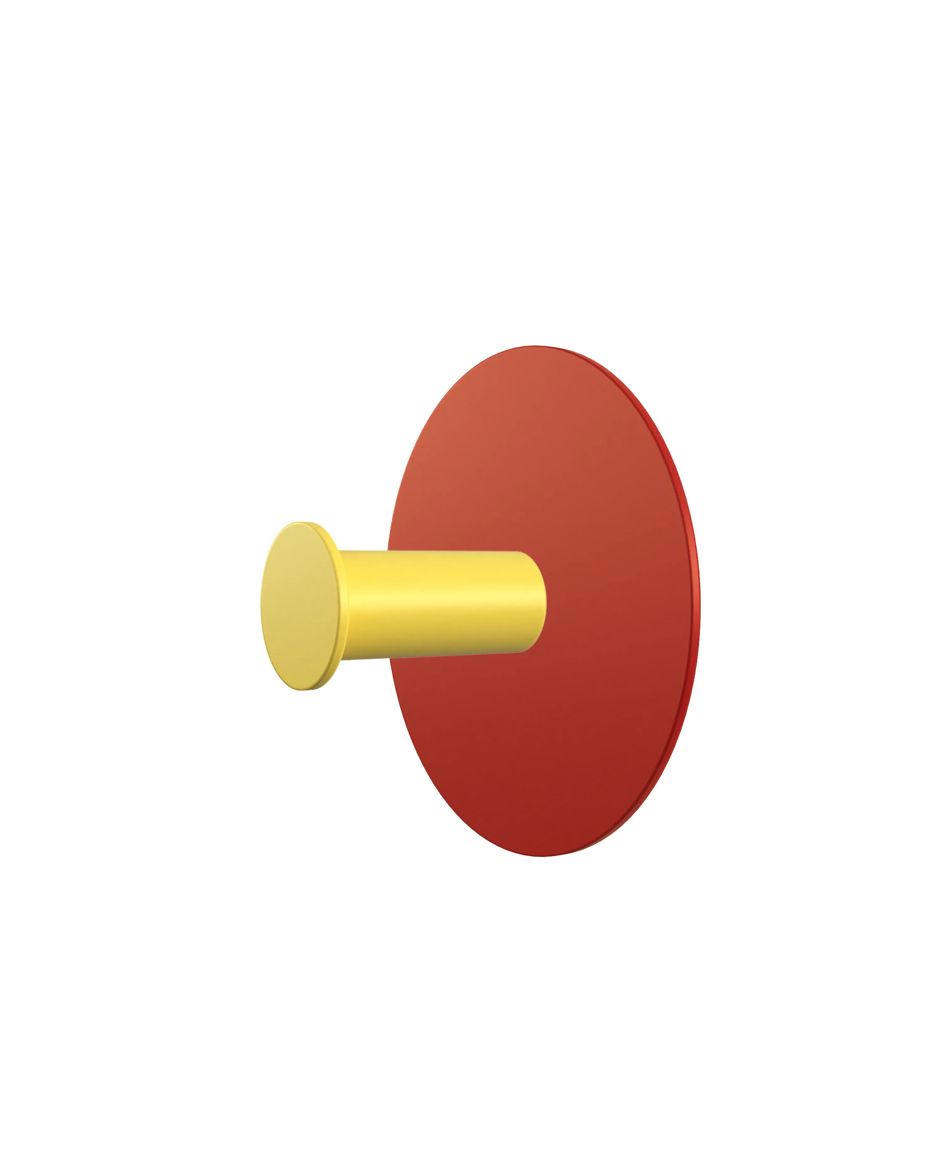 Wall hook with a round red base and a yellow cylindrical hook.