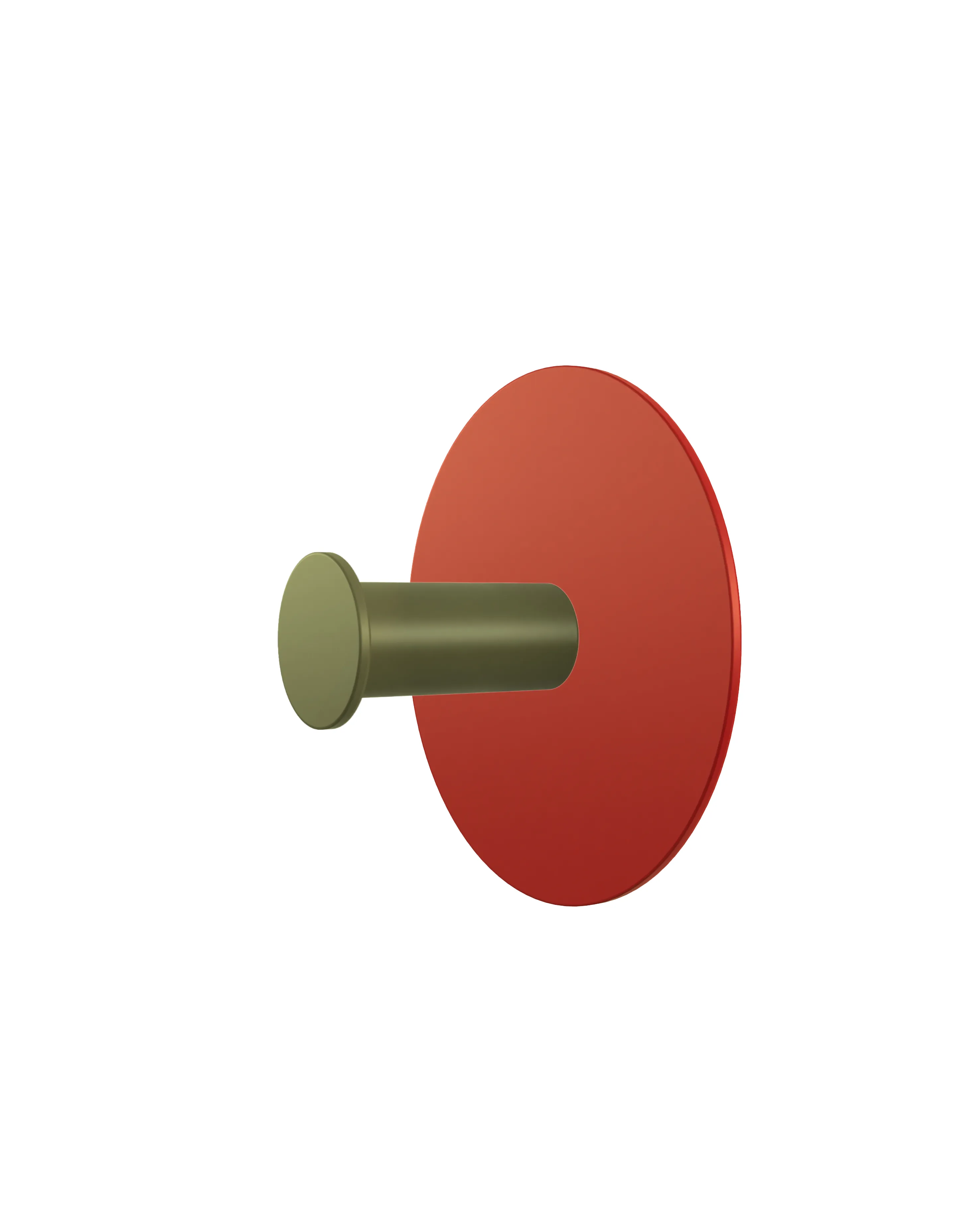 Wall hook with a round red base and a cylindrical hook in olive green color.