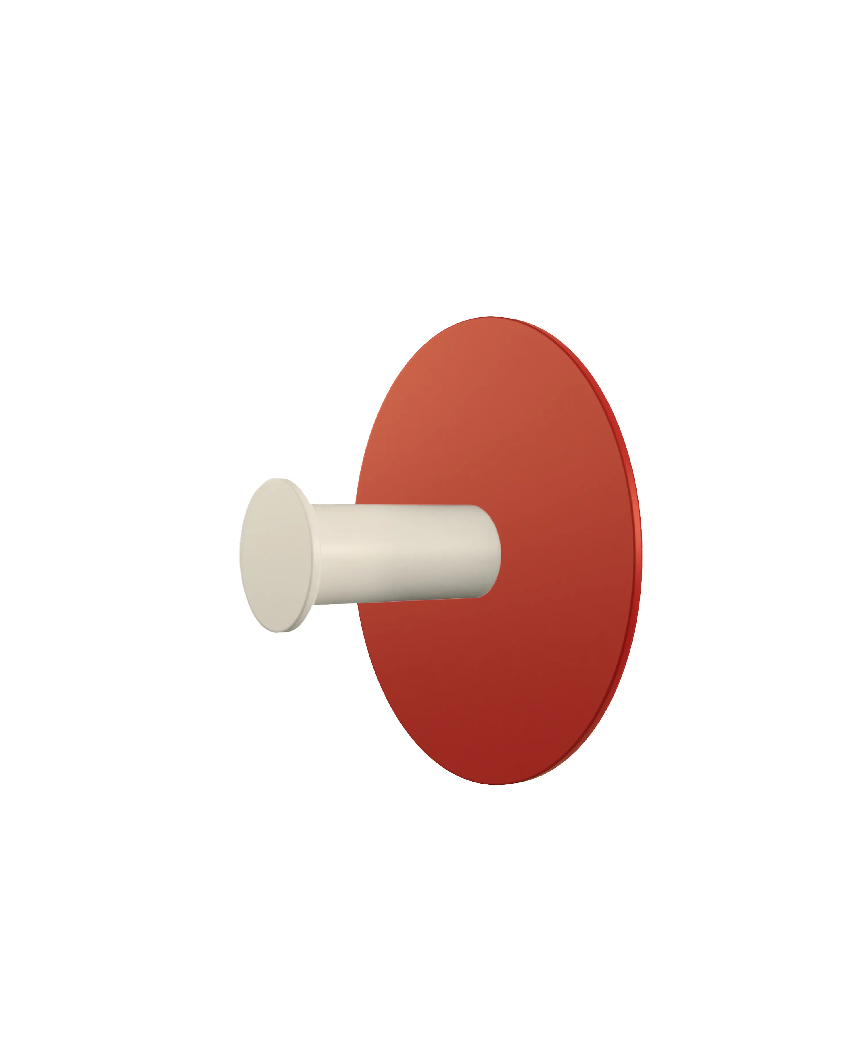 Wall hook with a round red base and a cream-colored cylindrical hook.
