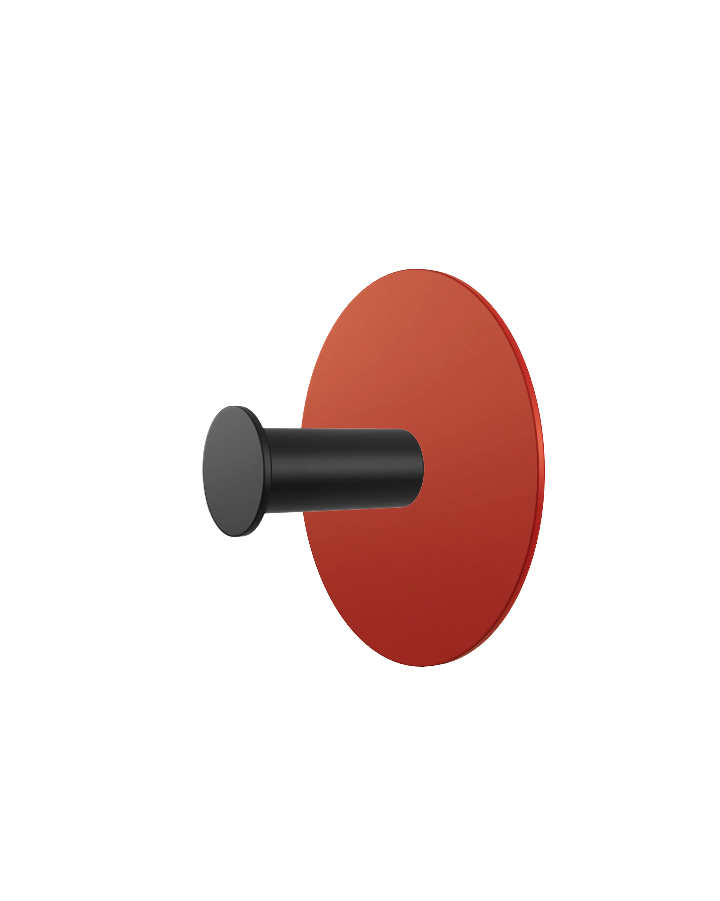 Wall hook with a round red base and a black cylindrical hook.