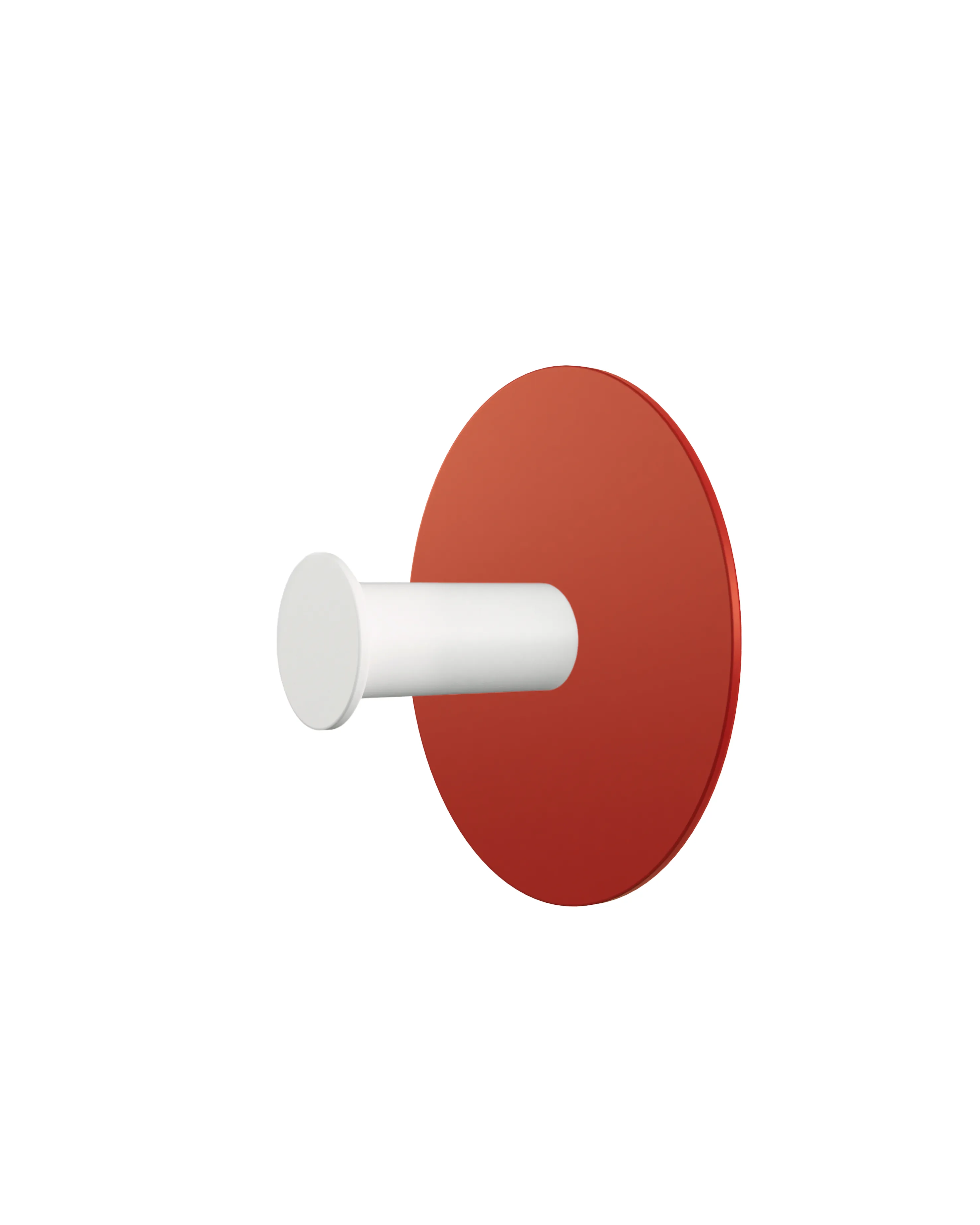 Wall hook with a round red base and a white cylindrical hook.
