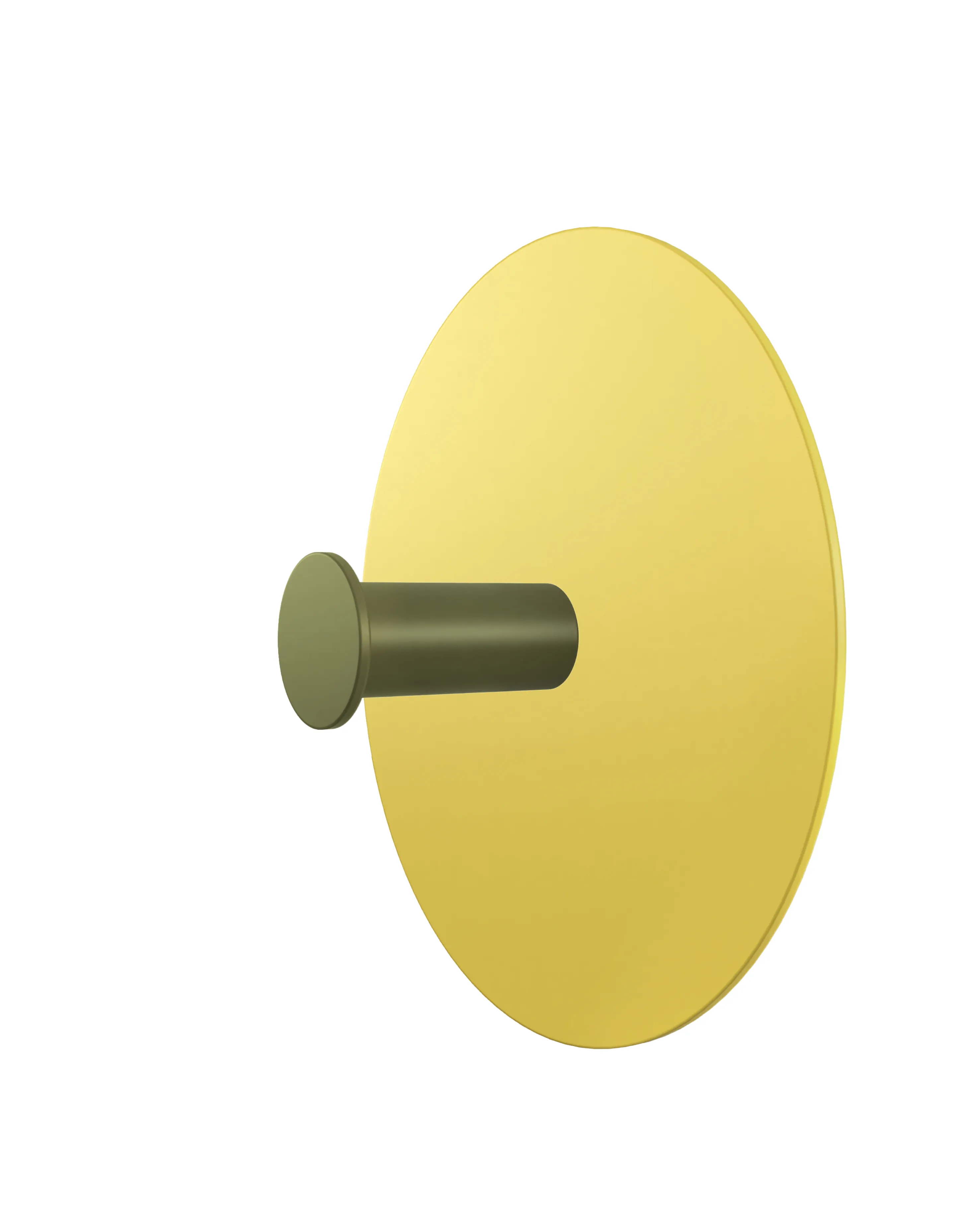 Wall hook with a round yellow base and an olive green cylindrical hook.