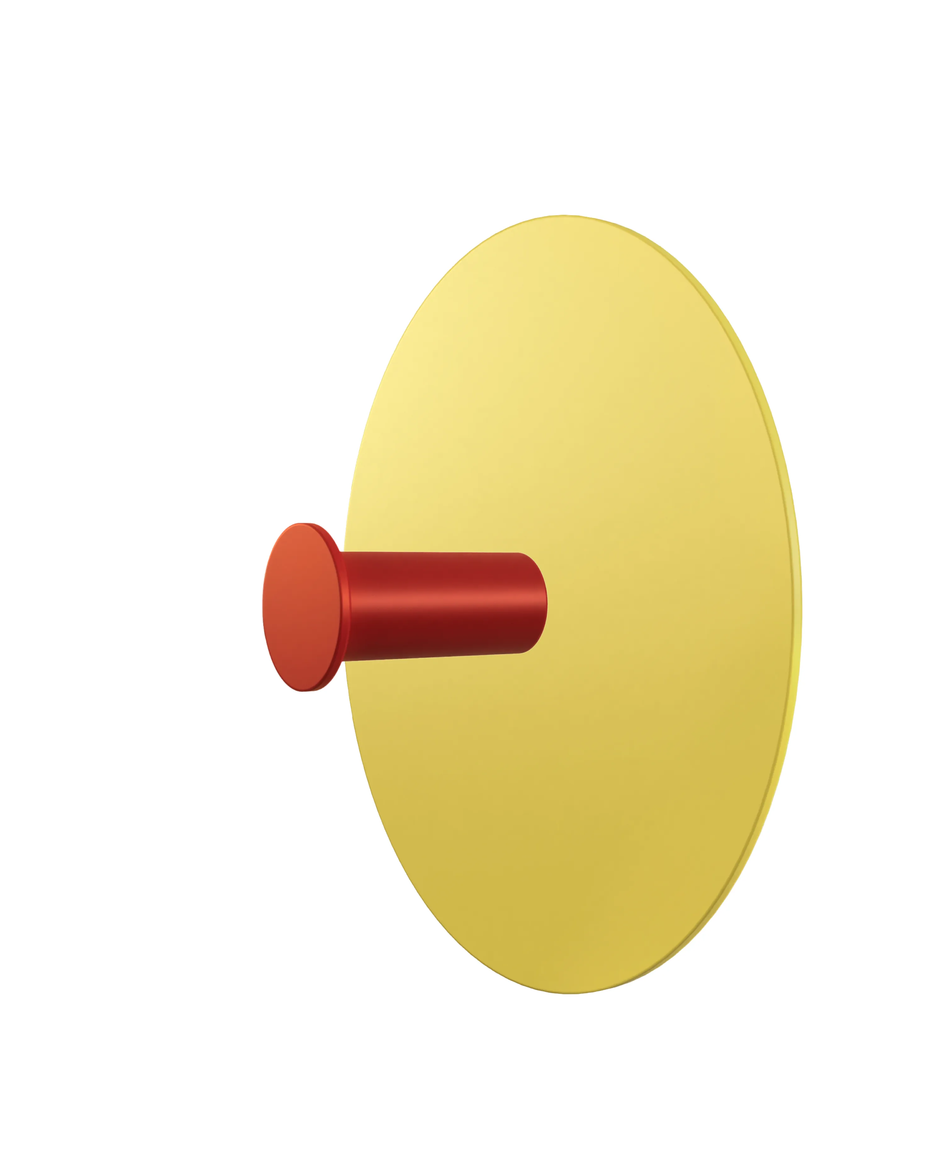 Wall hook with a round yellow base and a red cylindrical hook.