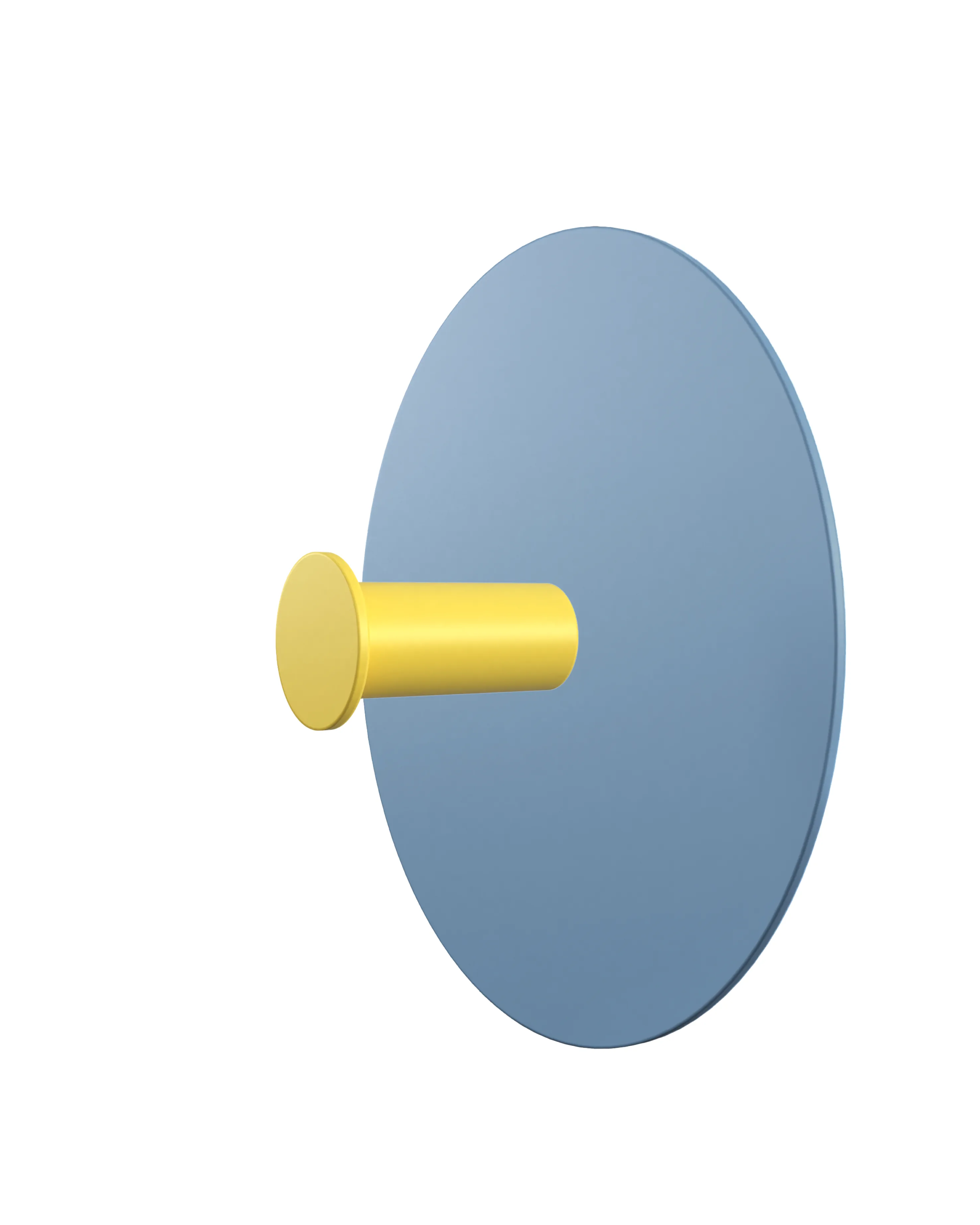 Wall hook with a round light blue base and an a yellow cylindrical hook. Product shown on a white background.