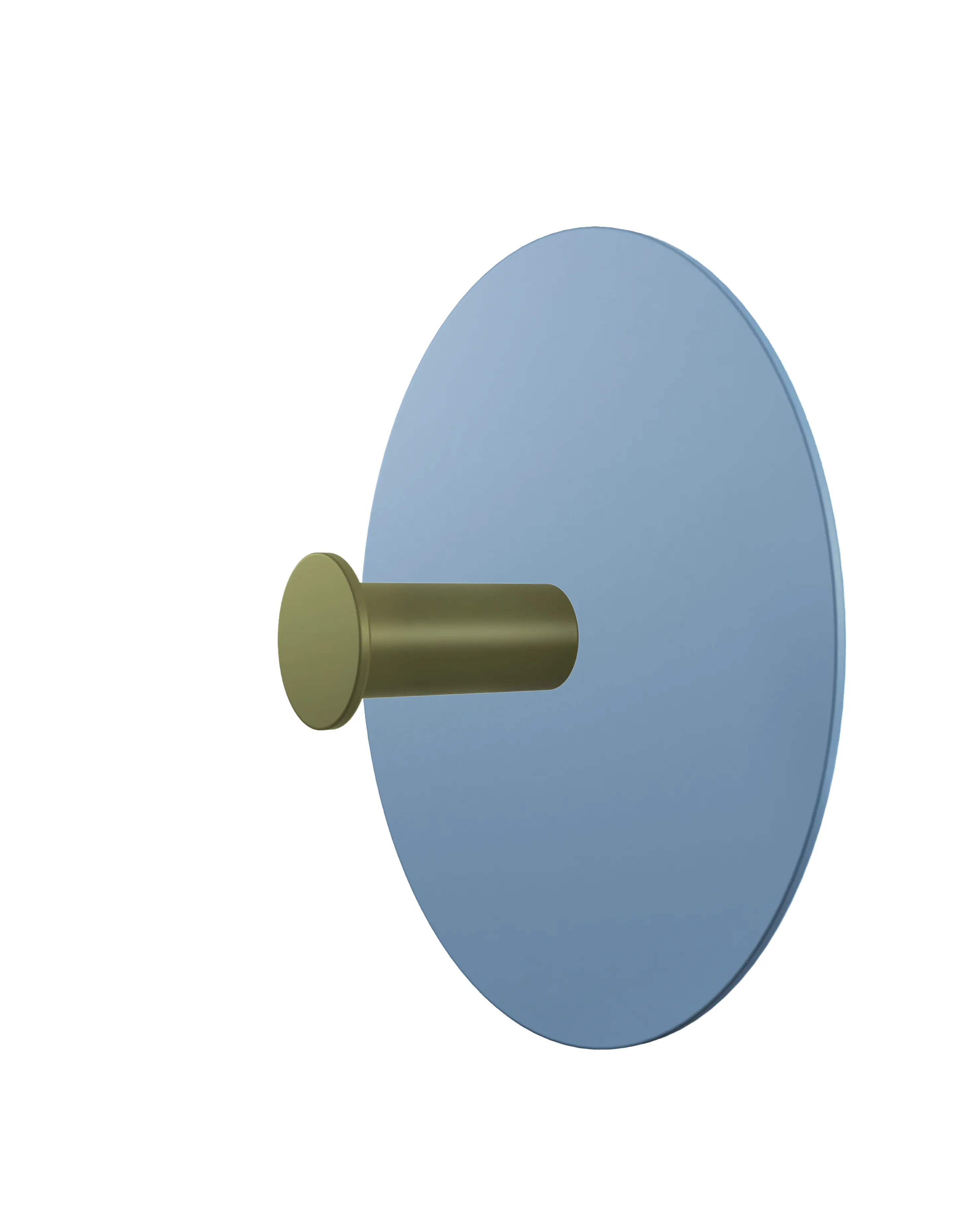 Wieszak ścienny z okrągłą, jasnoniebieską podstawą i cylindrycznym uchwytem w kolorze oliwkowozielonym. Produkt przedstawiony na białym tle.