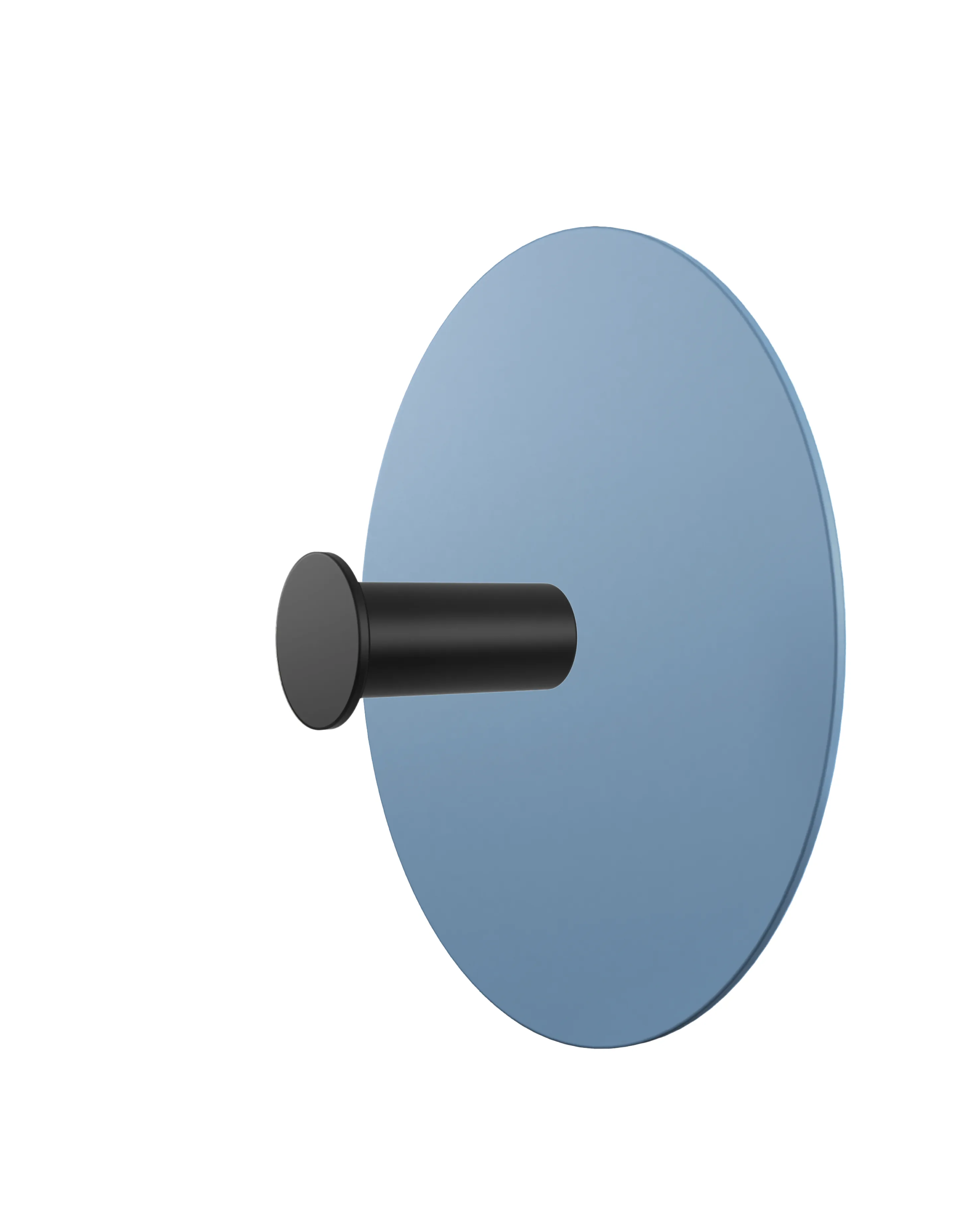 Wall hook with a round light blue base and a black cylindrical hook. Modern aesthetic on a white background.