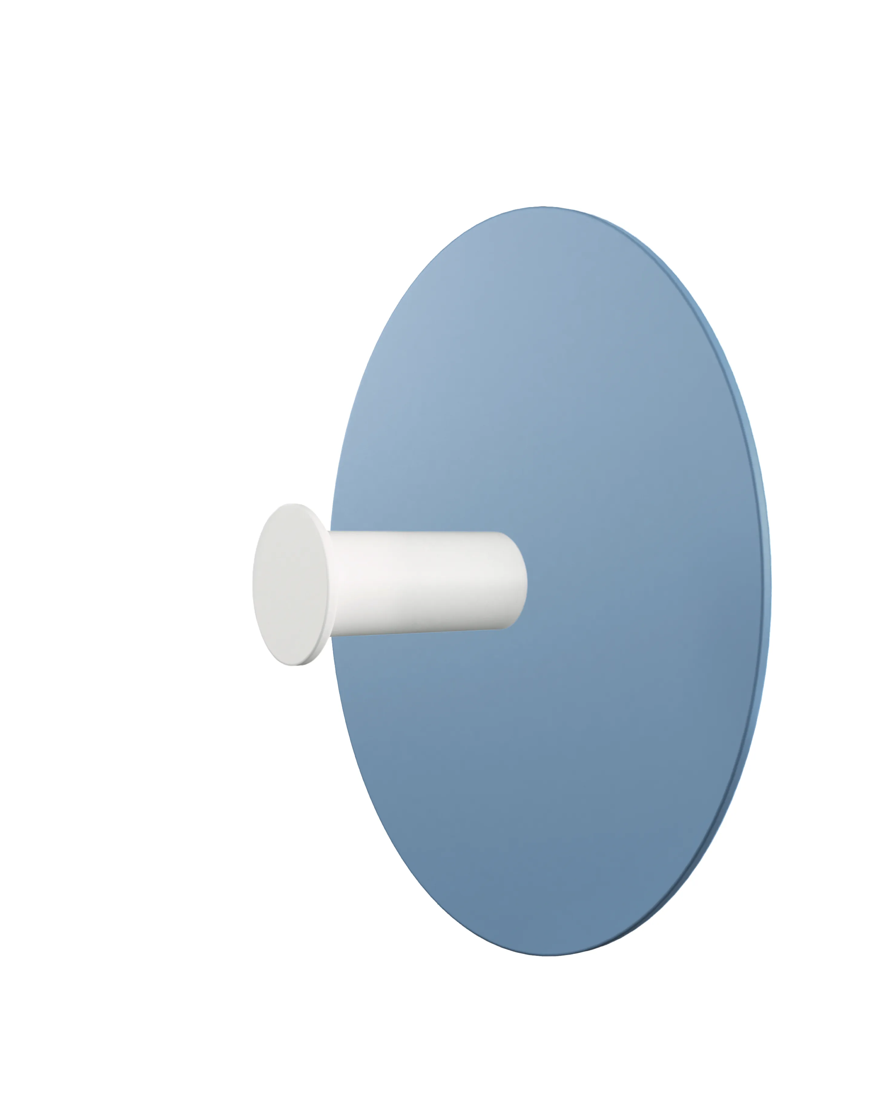 Wieszak ścienny z okrągłą, jasnoniebieską podstawą i białym cylindrycznym uchwytem. Produkt ukazany na białym tle.