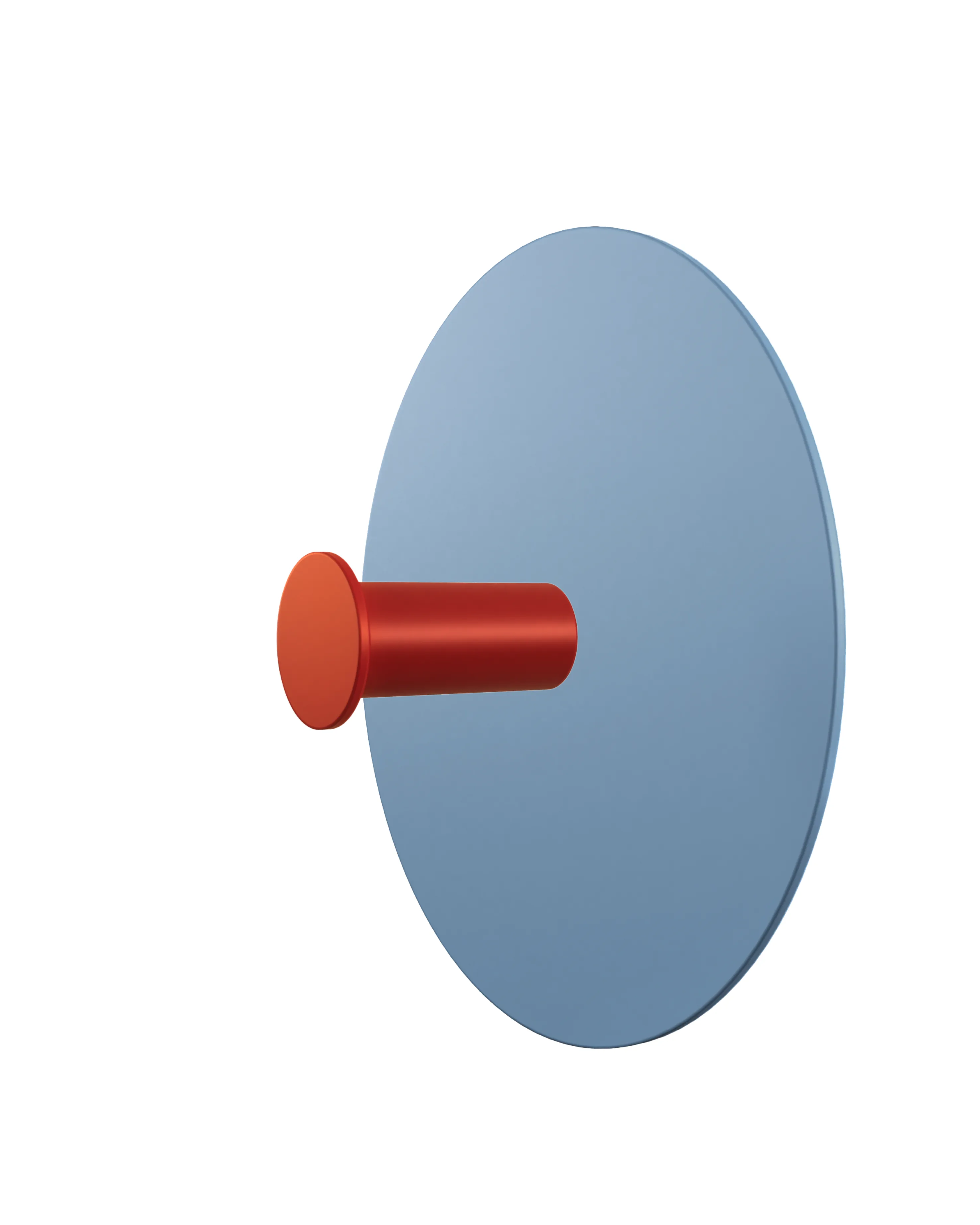 Wall hook with a round light blue base and a red cylindrical hook. Minimalist form on a white background.