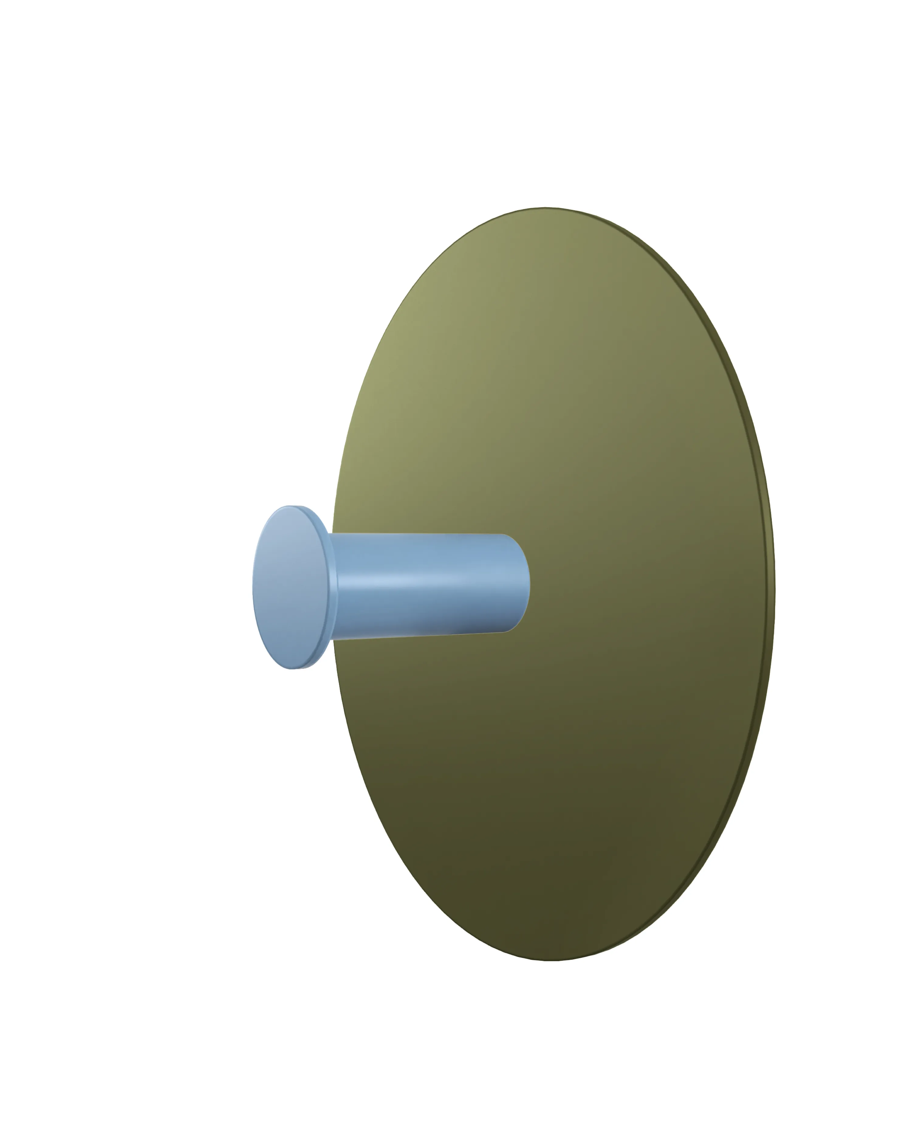Wall hook with a round green base and a light blue cylindrical hook. Object shown on a white background.
