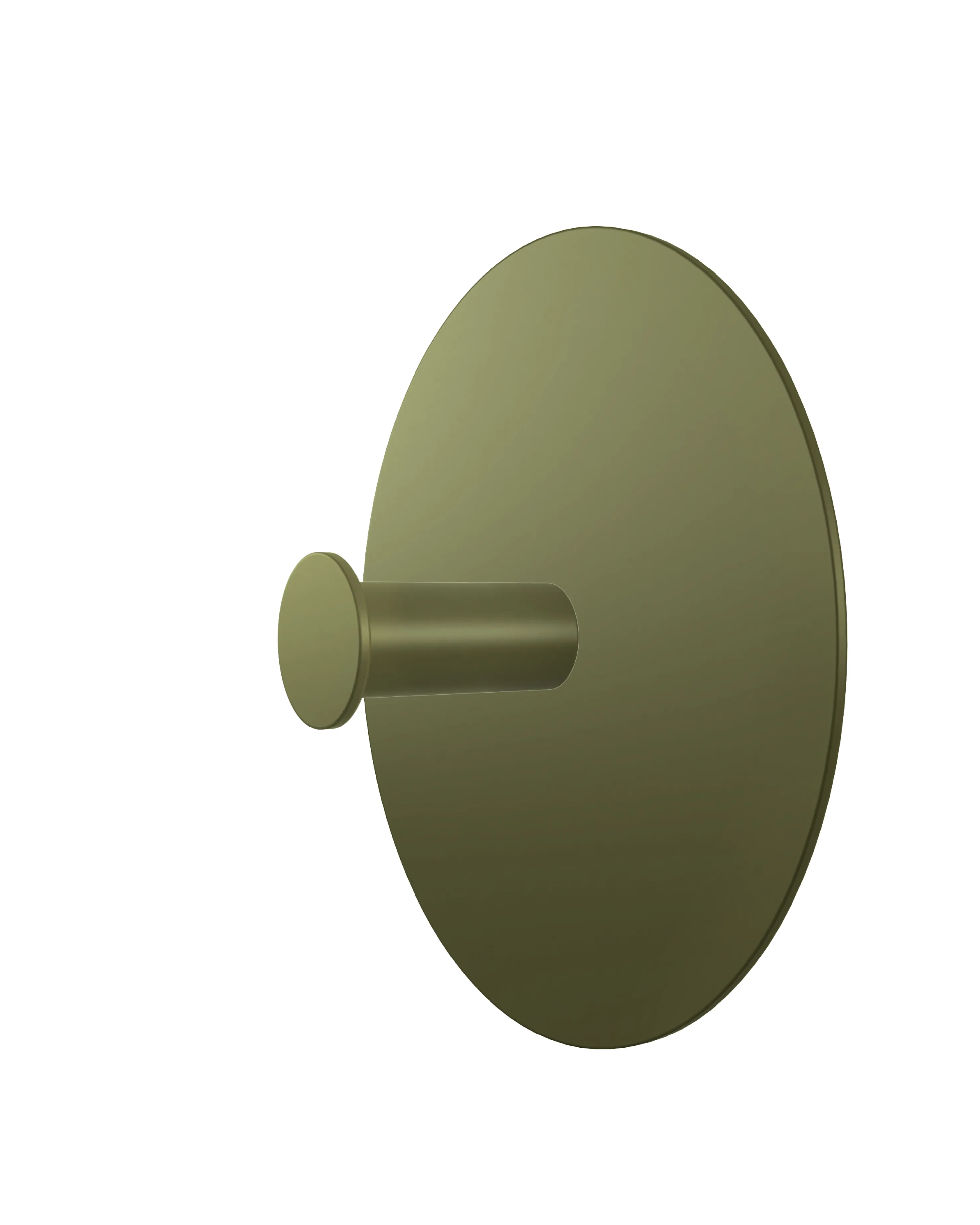 Wall hook with a round green base and a cylindrical hook in olive green color. Simple, modern look on a white background.