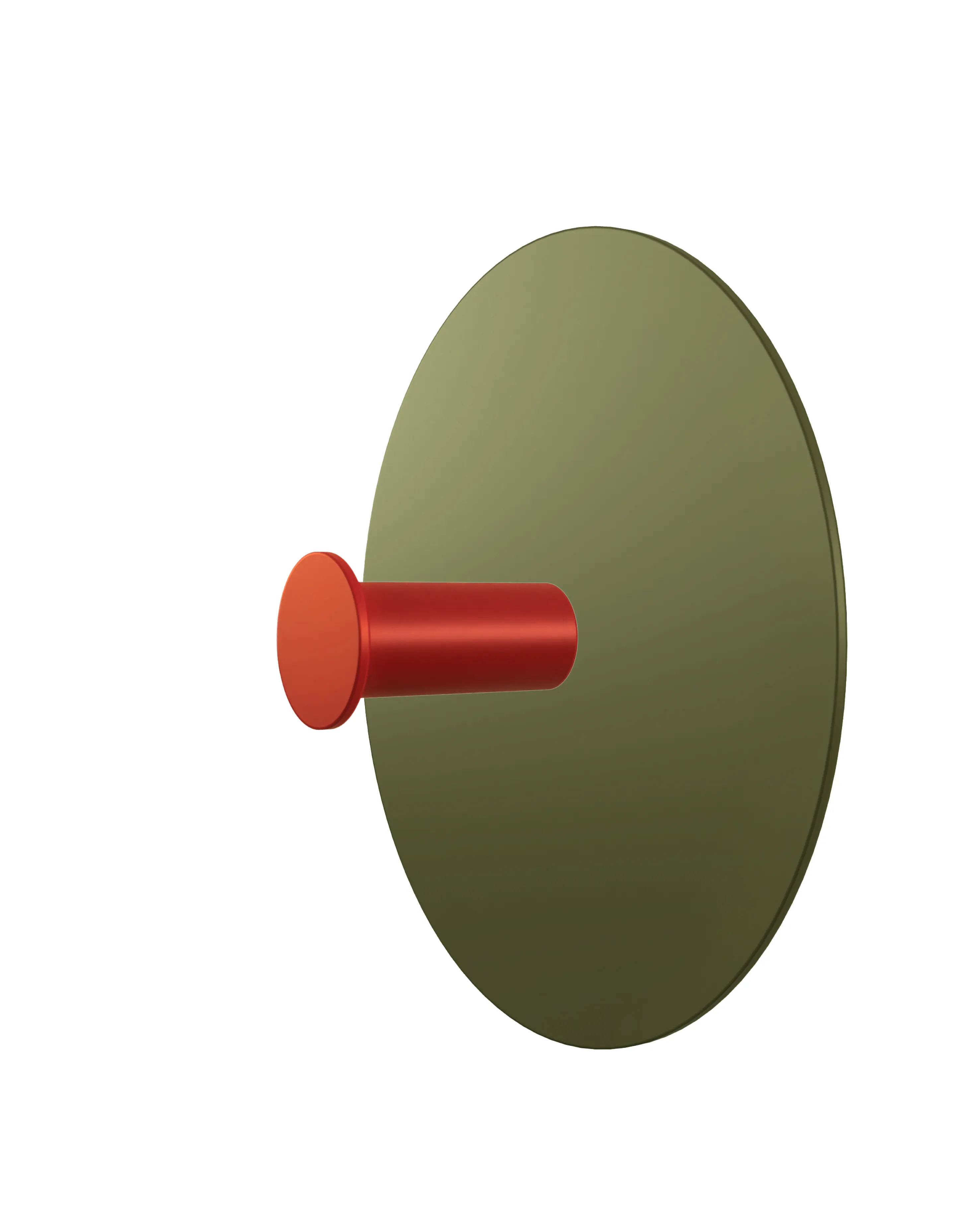 Wall hook with a round green base and a red cylindrical hook. Object shown on a white background.
