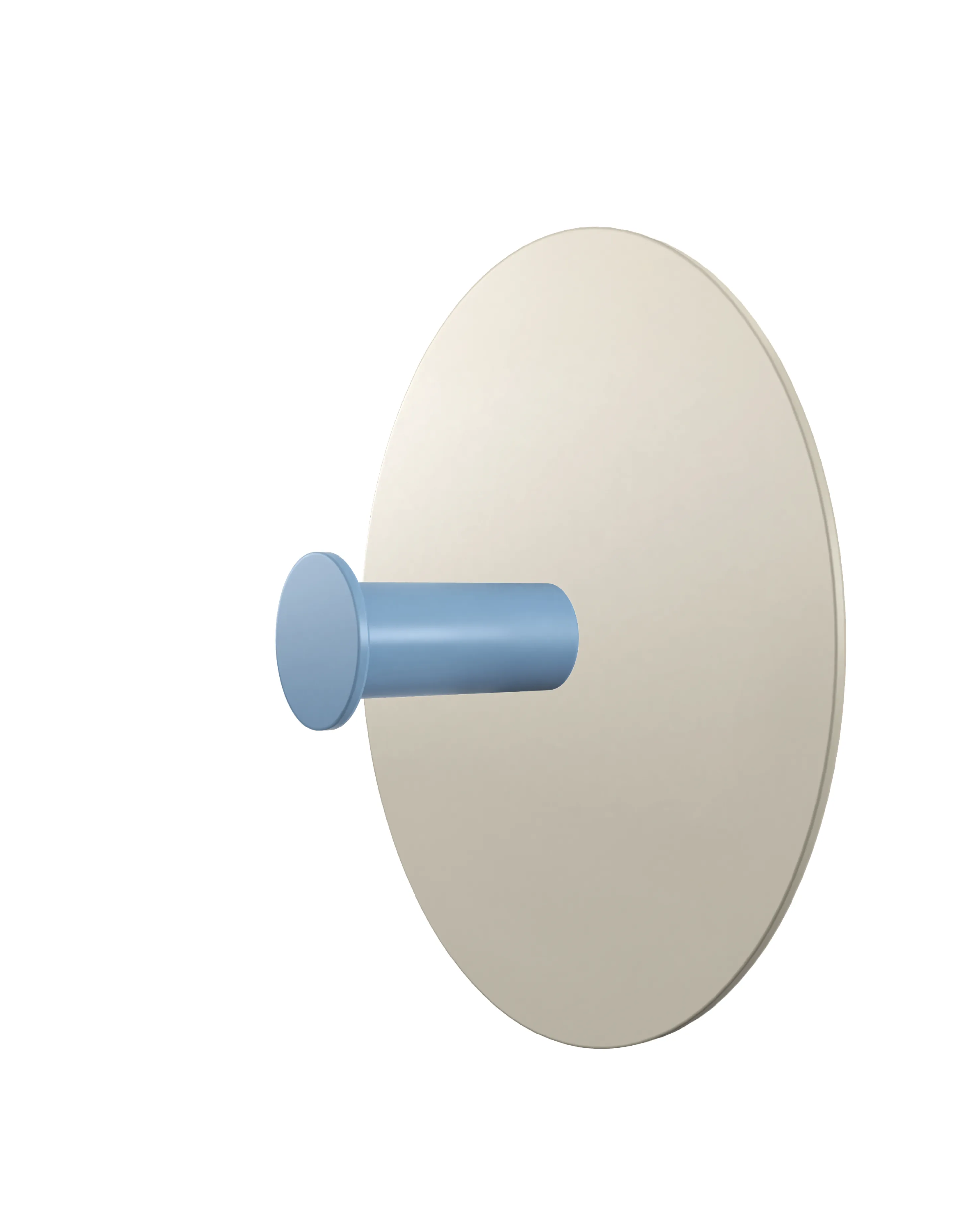 Wieszak ścienny z okrągłą, kremową podstawą i cylindrycznym uchwytem w kolorze jasnoniebieskim. Produkt przedstawiony na białym tle.