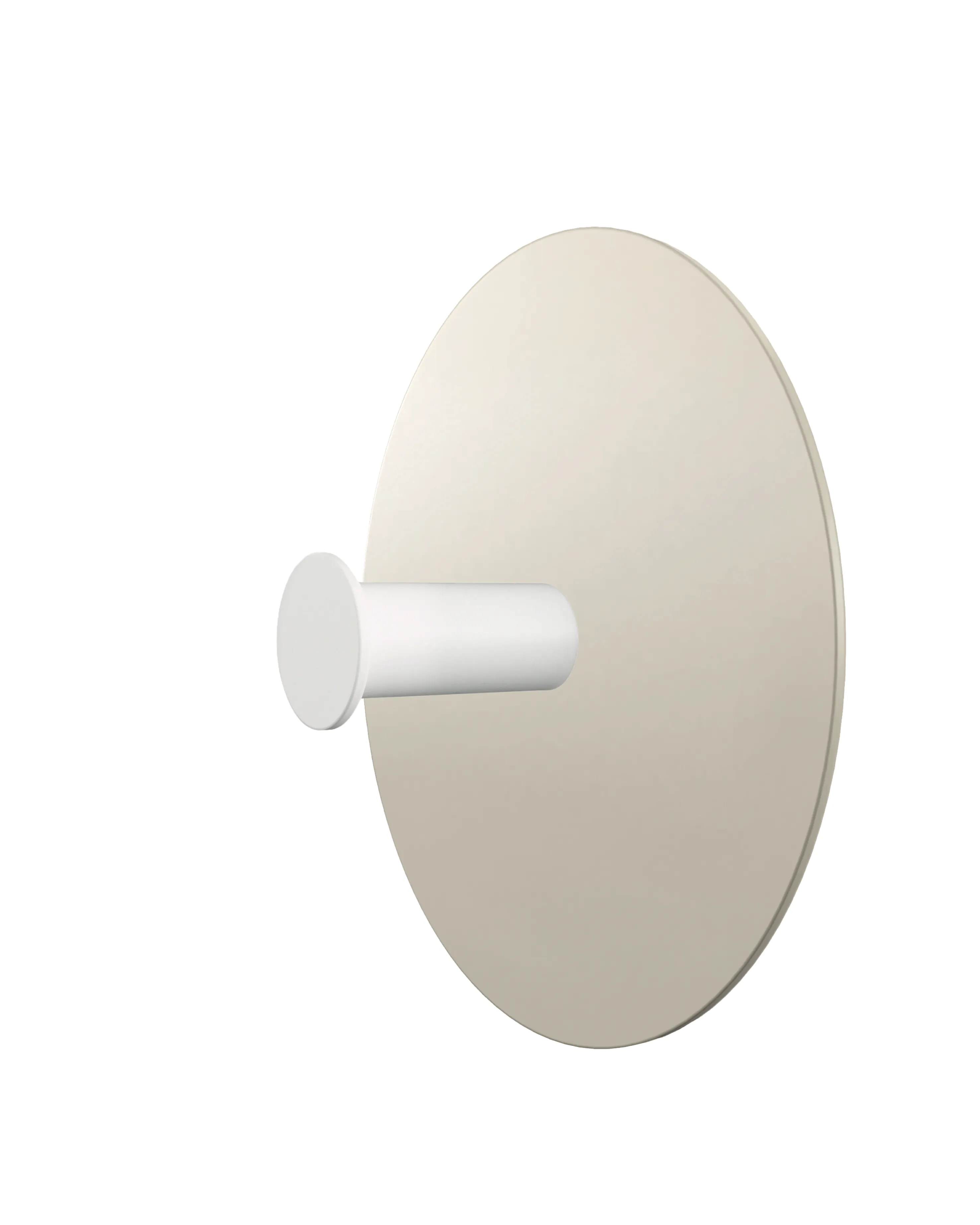 Wall hook with a round cream base and a white cylindrical hook. Simple, modern look on a white background.