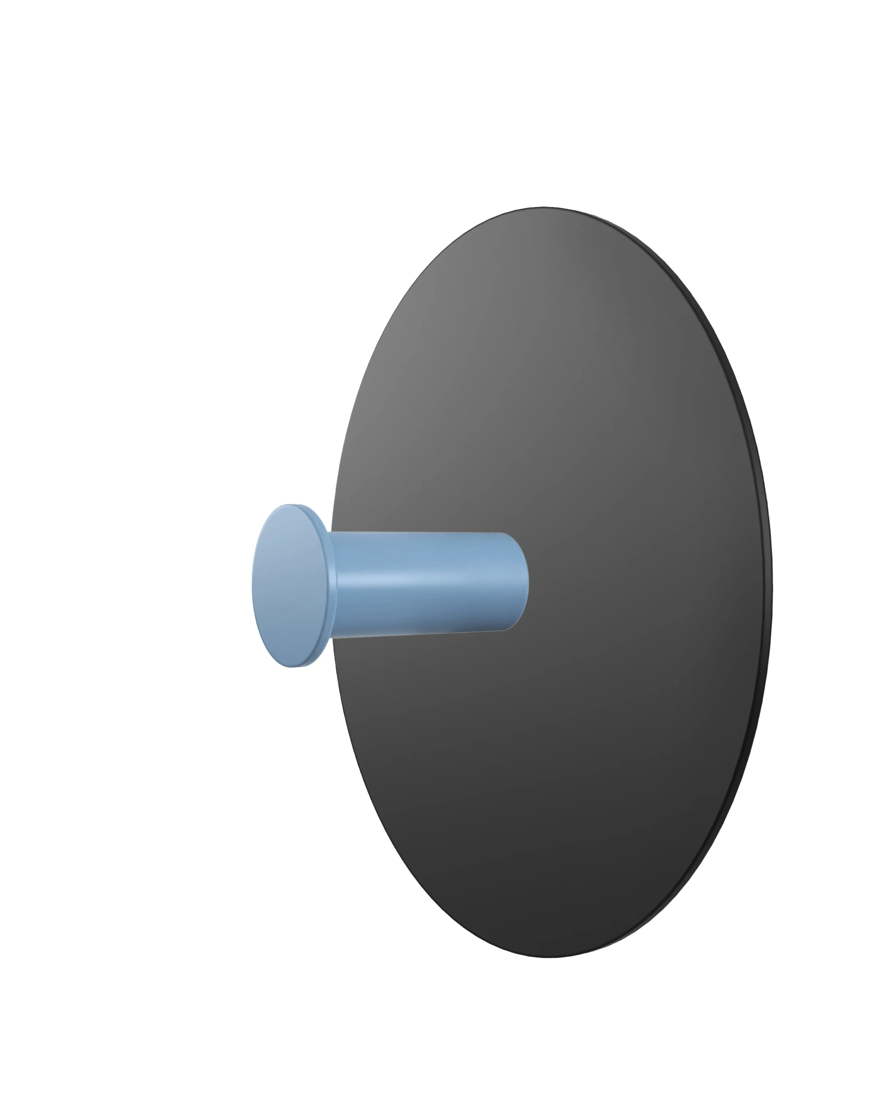 Wieszak ścienny z okrągłą, czarną bazą i cylindrycznym uchwytem w kolorze jasnoniebieskim.