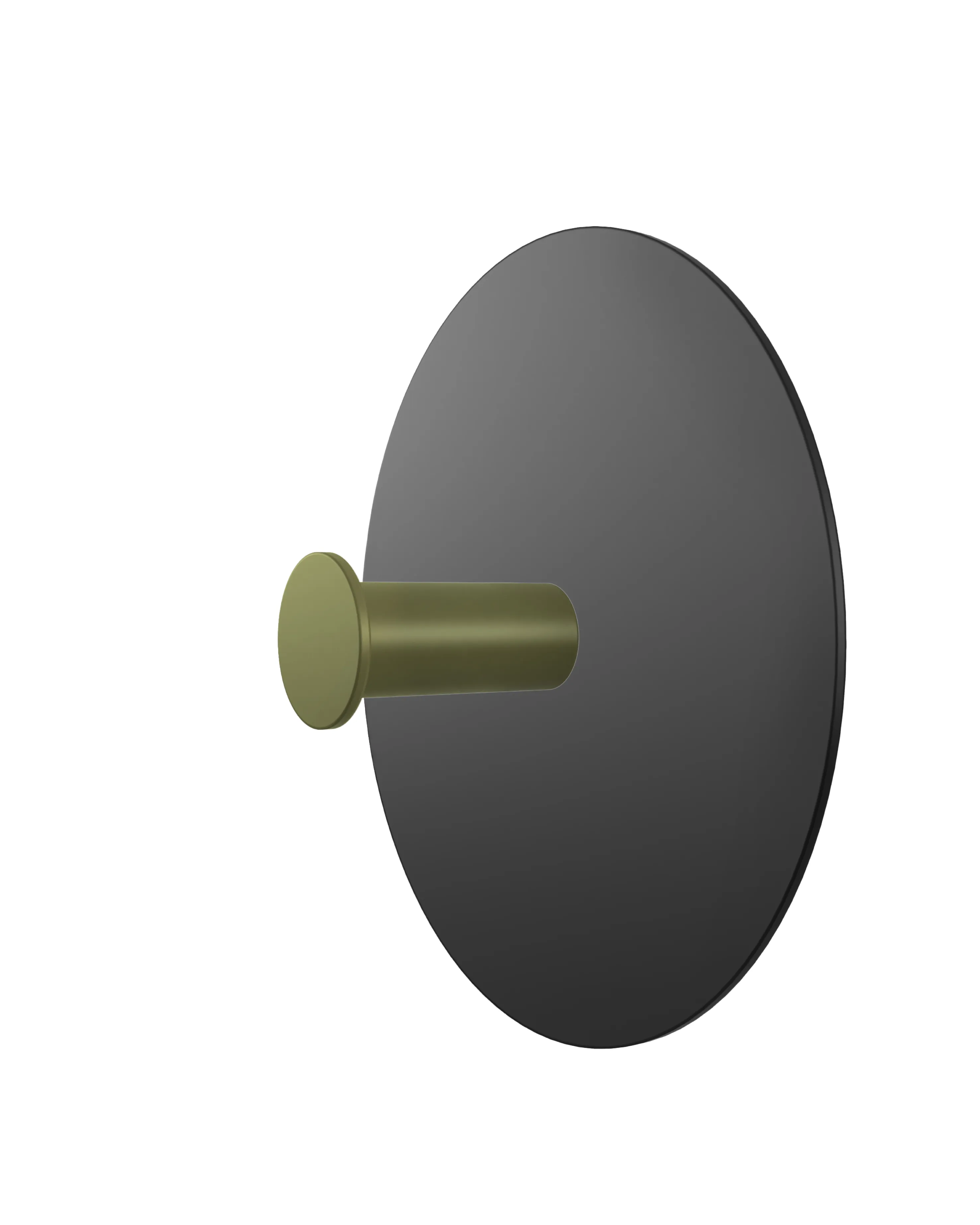 Wieszak ścienny z okrągłą, czarną bazą i cylindrycznym uchwytem w kolorze oliwkowej zieleni.