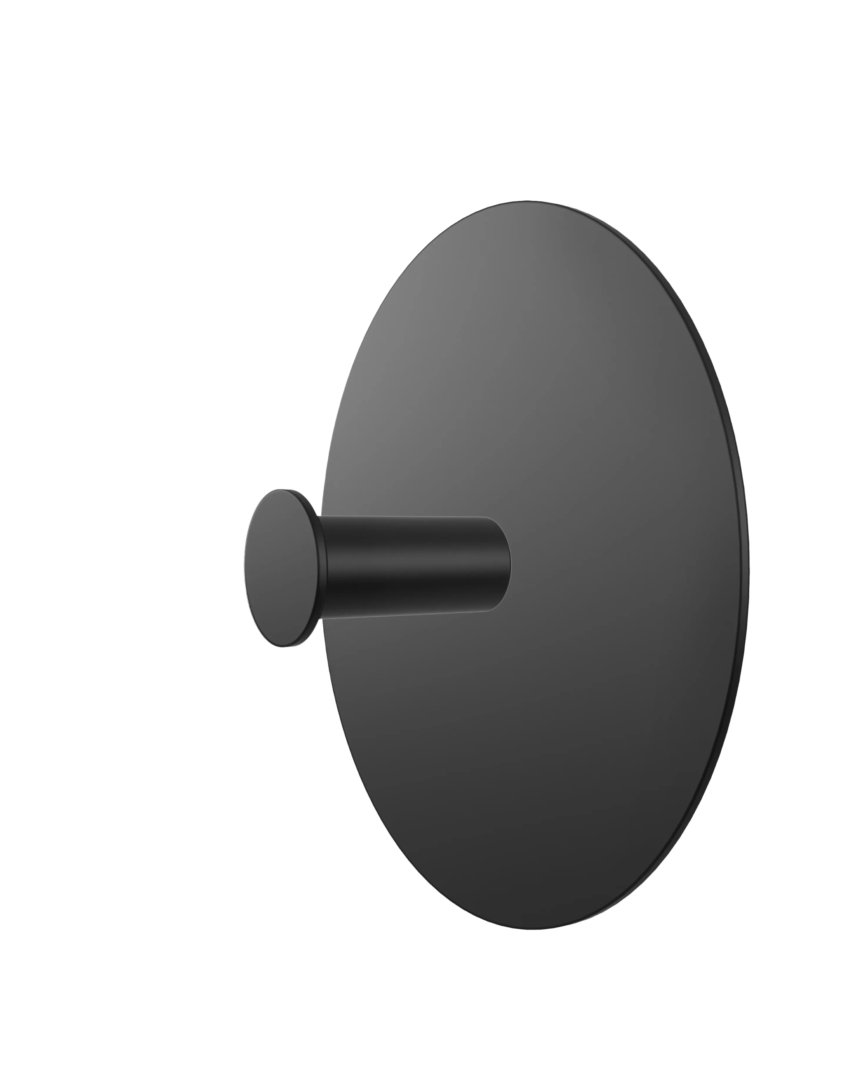 Wall hook with a round black base and a black cylindrical hook.