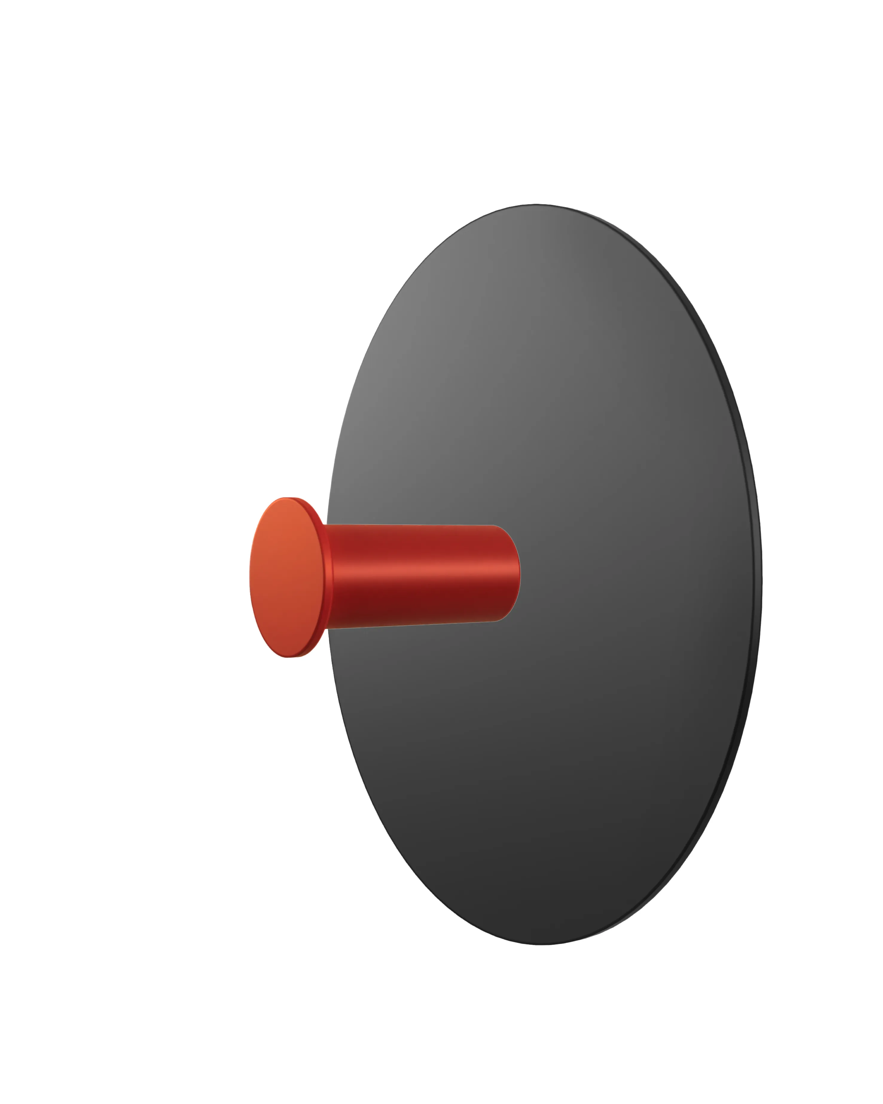 Wall hook with a round black base and a red cylindrical hook.