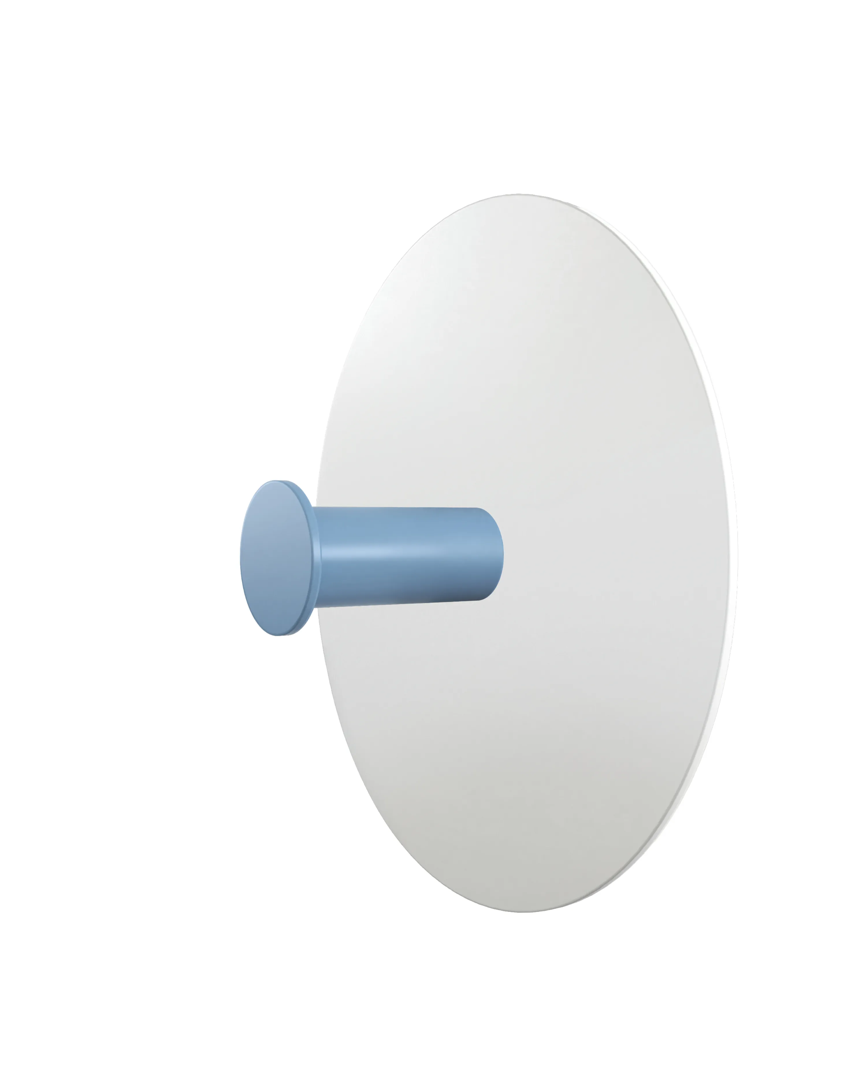 Wieszak ścienny z okrągłą, białą bazą i cylindrycznym uchwytem w kolorze jasnoniebieskim.