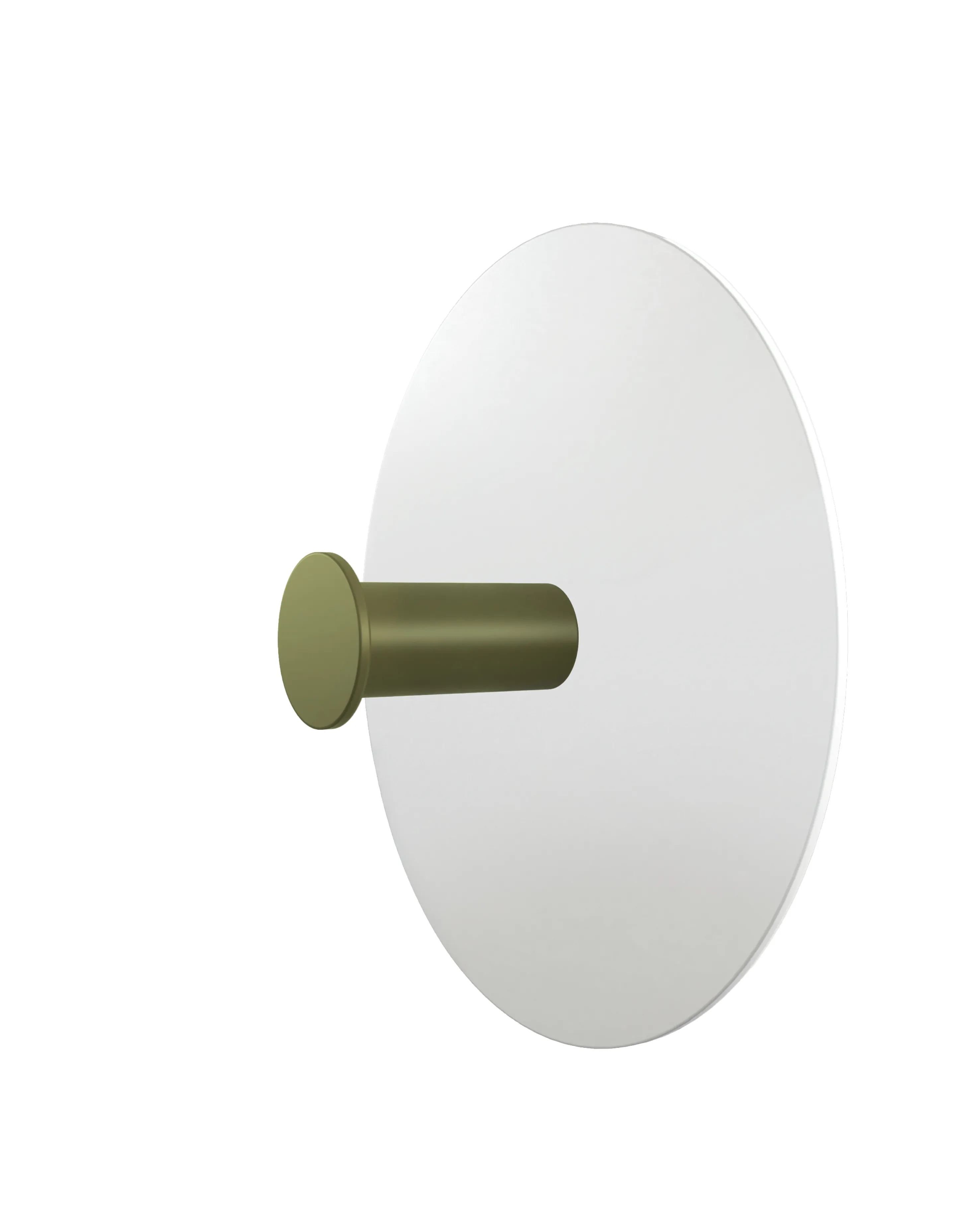 Wall hook with a round white base and a cylindrical hook in olive green color.