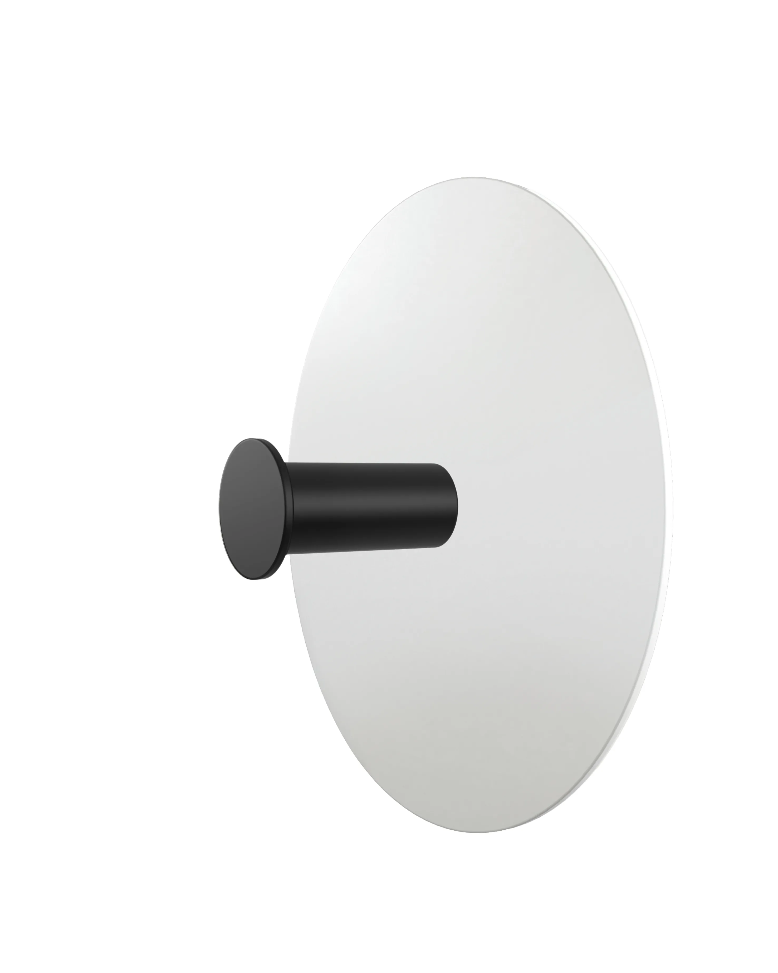 Wieszak ścienny z okrągłą, białą bazą i cylindrycznym uchwytem w kolorze czarnym.