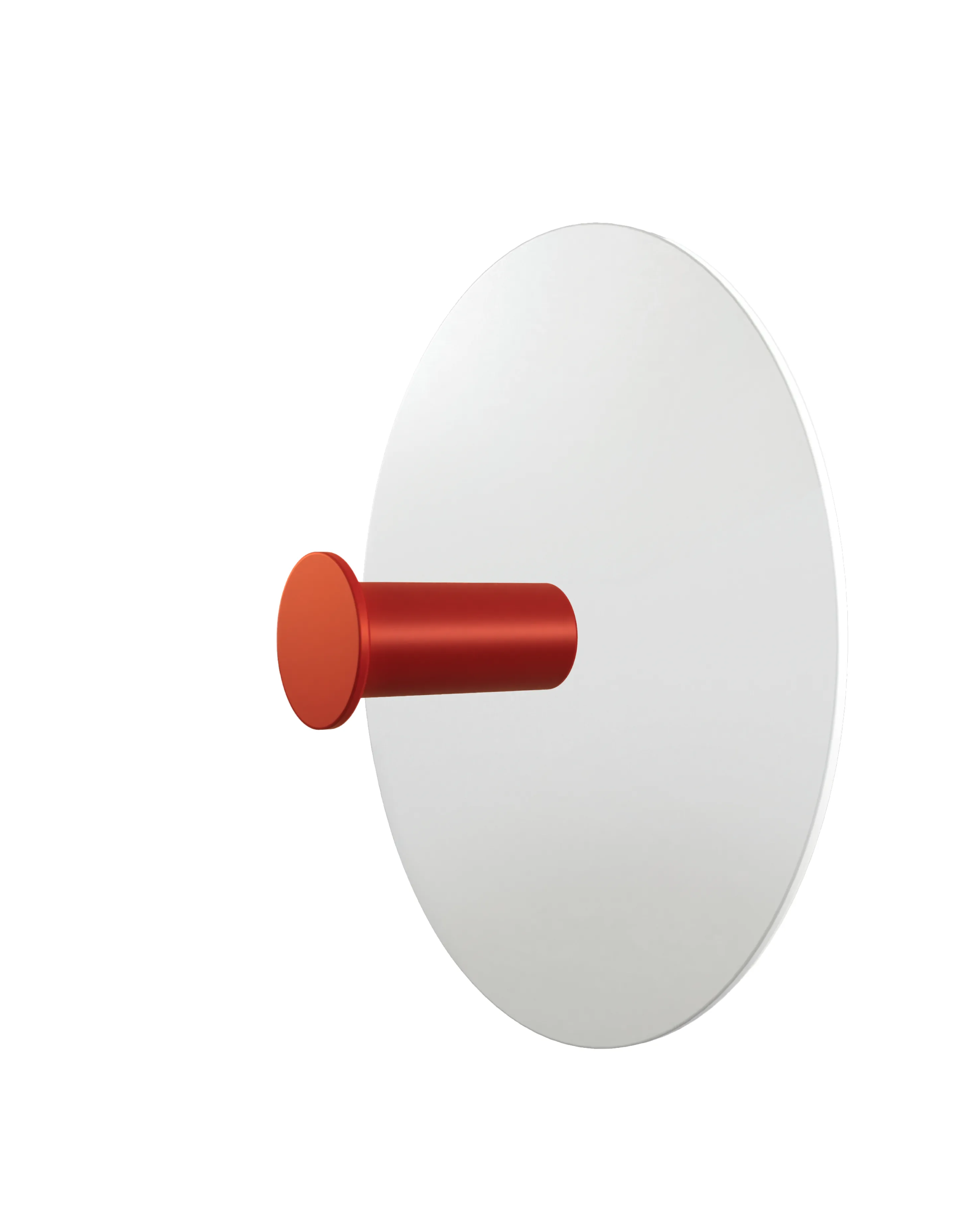 Wieszak ścienny z okrągłą, białą bazą i cylindrycznym uchwytem w kolorze czerwonym.