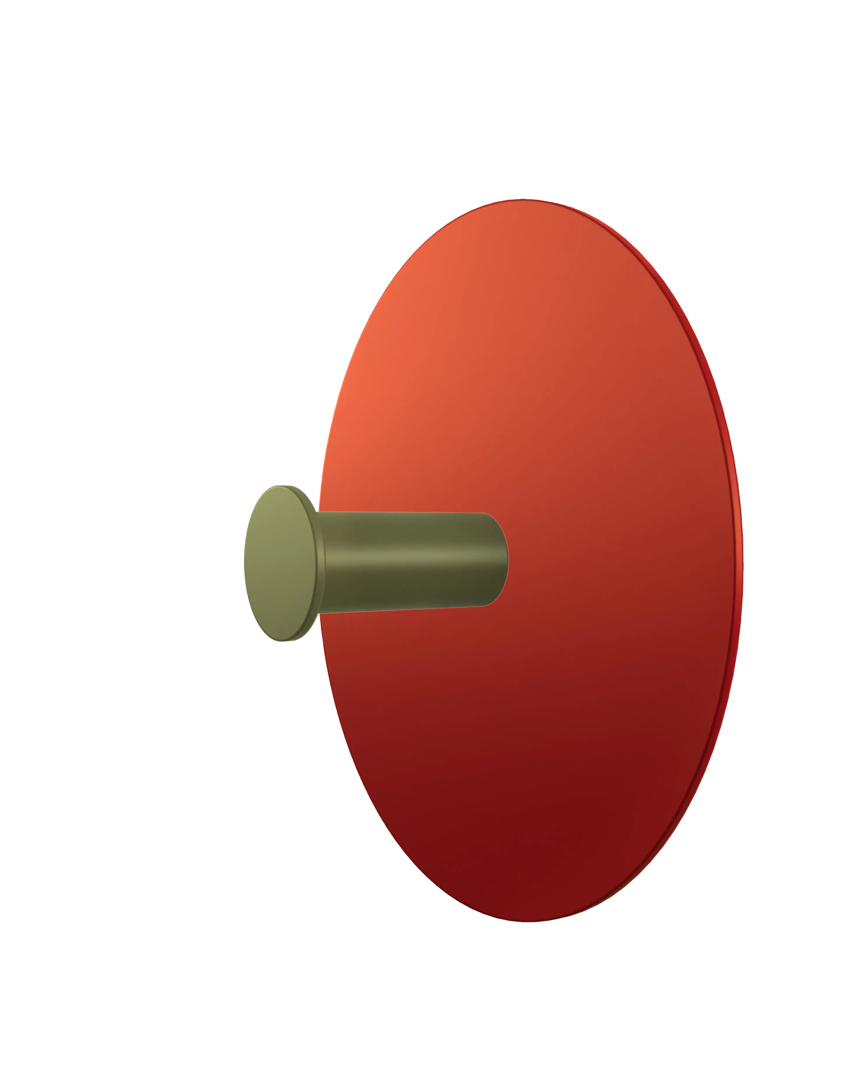 Wall hook with a round red base and a cylindrical hook in olive green color.