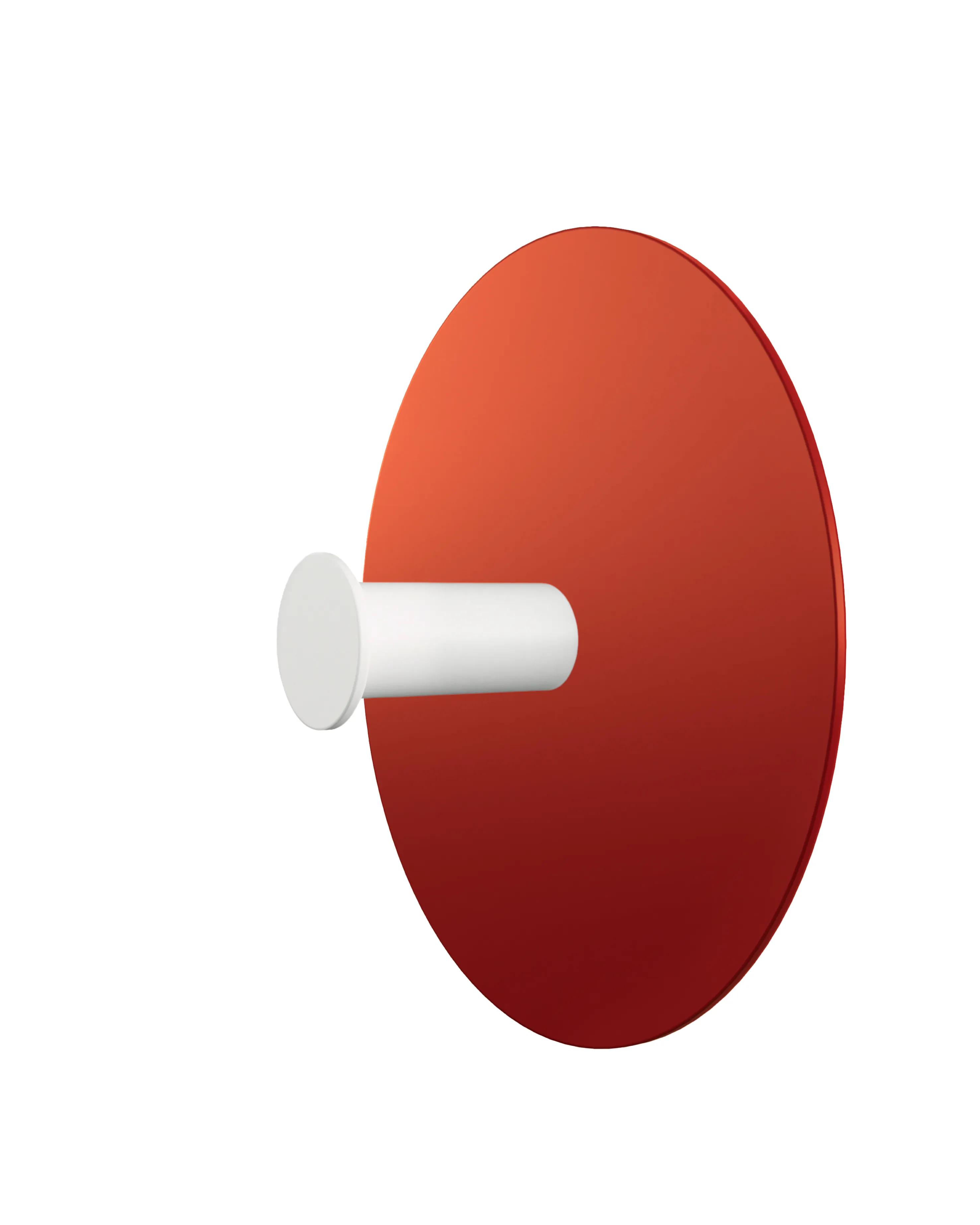 Wall hook with a round red base and a white cylindrical hook.