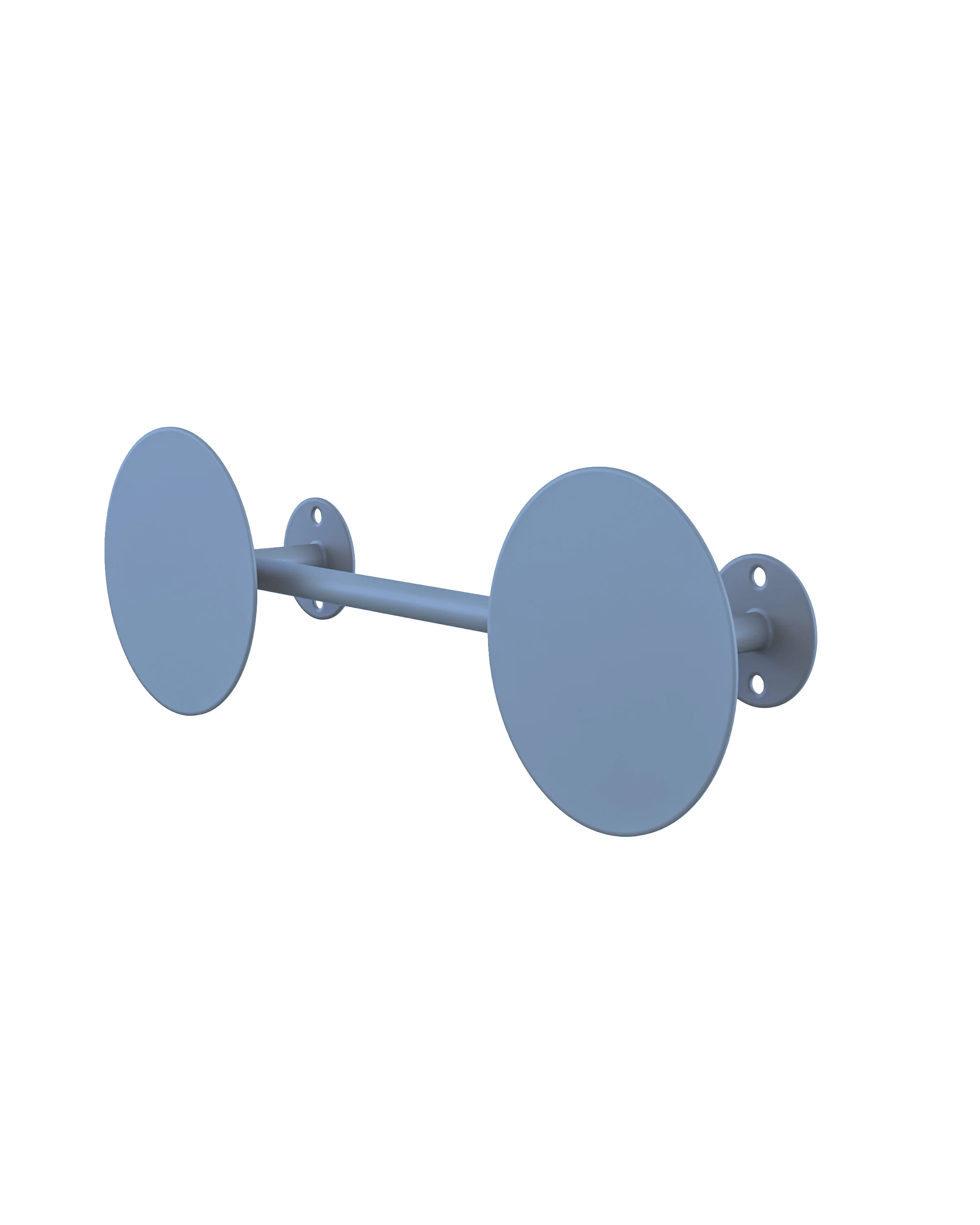 Blue metal wall hanger (RAL 5000), with a horizontal tube connected to two round mounting discs. 