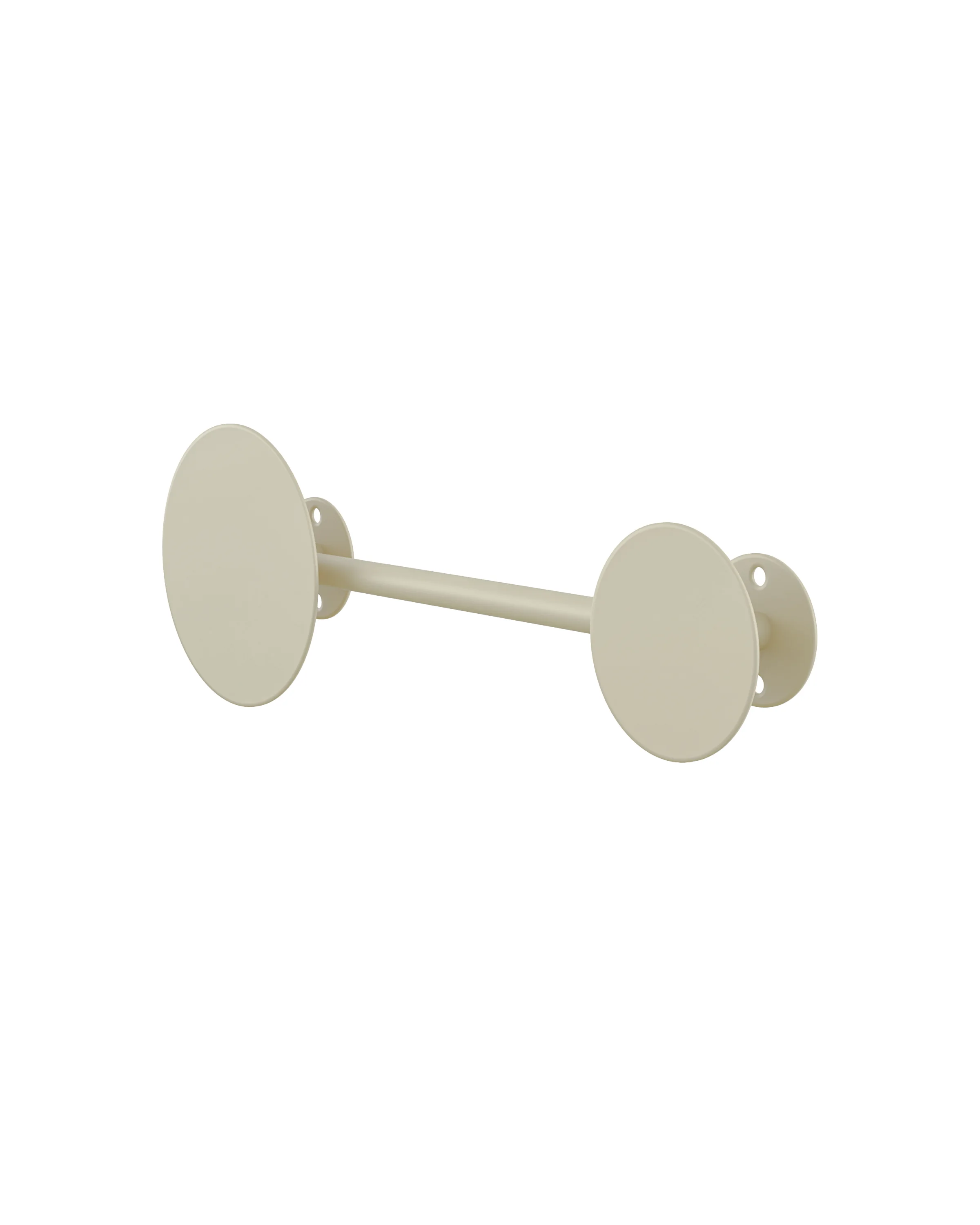 A beige metal wall hanger, with a horizontal tube connected to two round mounting discs. 