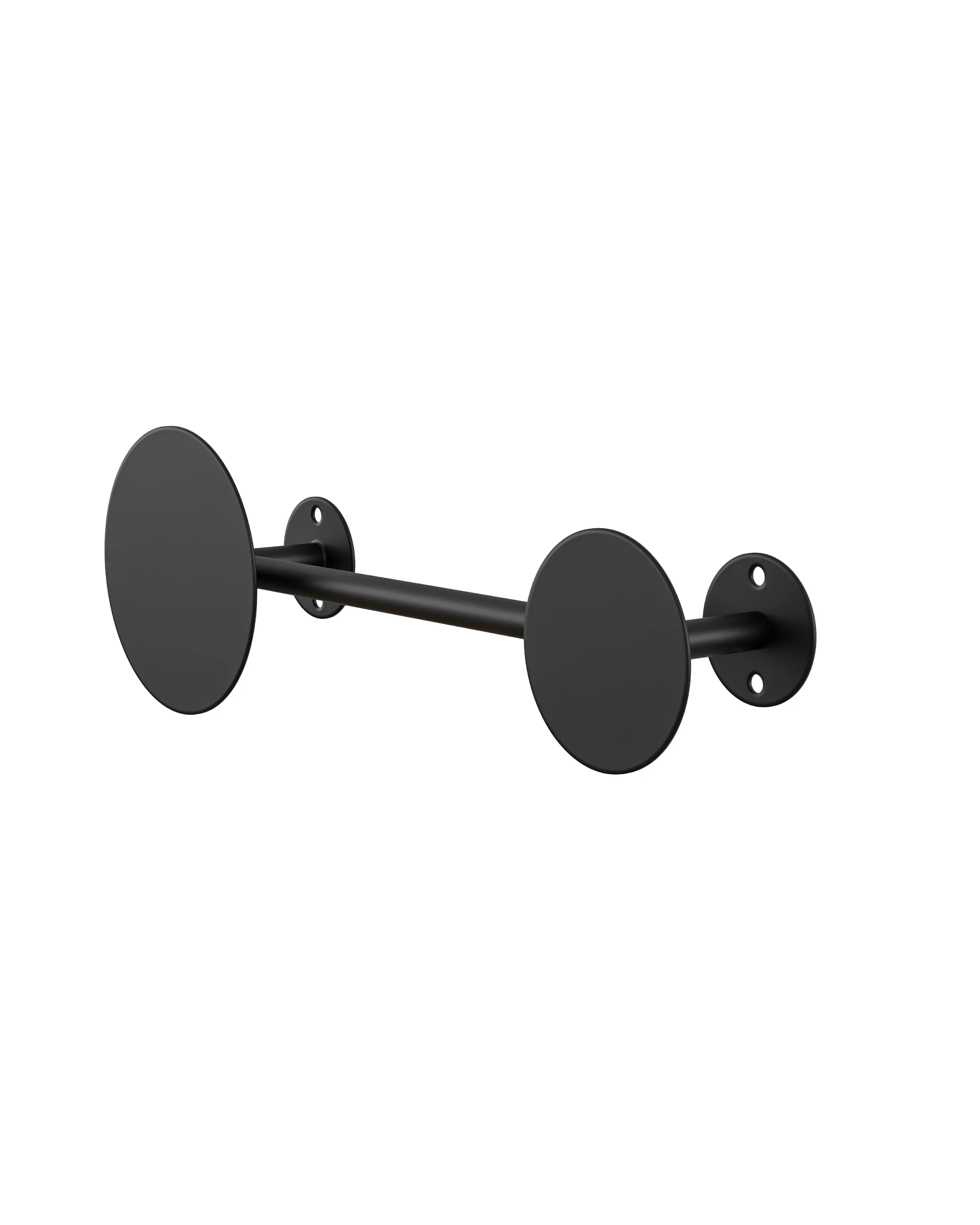 Wall hanger in black, with a minimalist appearance. Two round elements are connected by a transverse rod, attached to the wall with small round fastenings. 