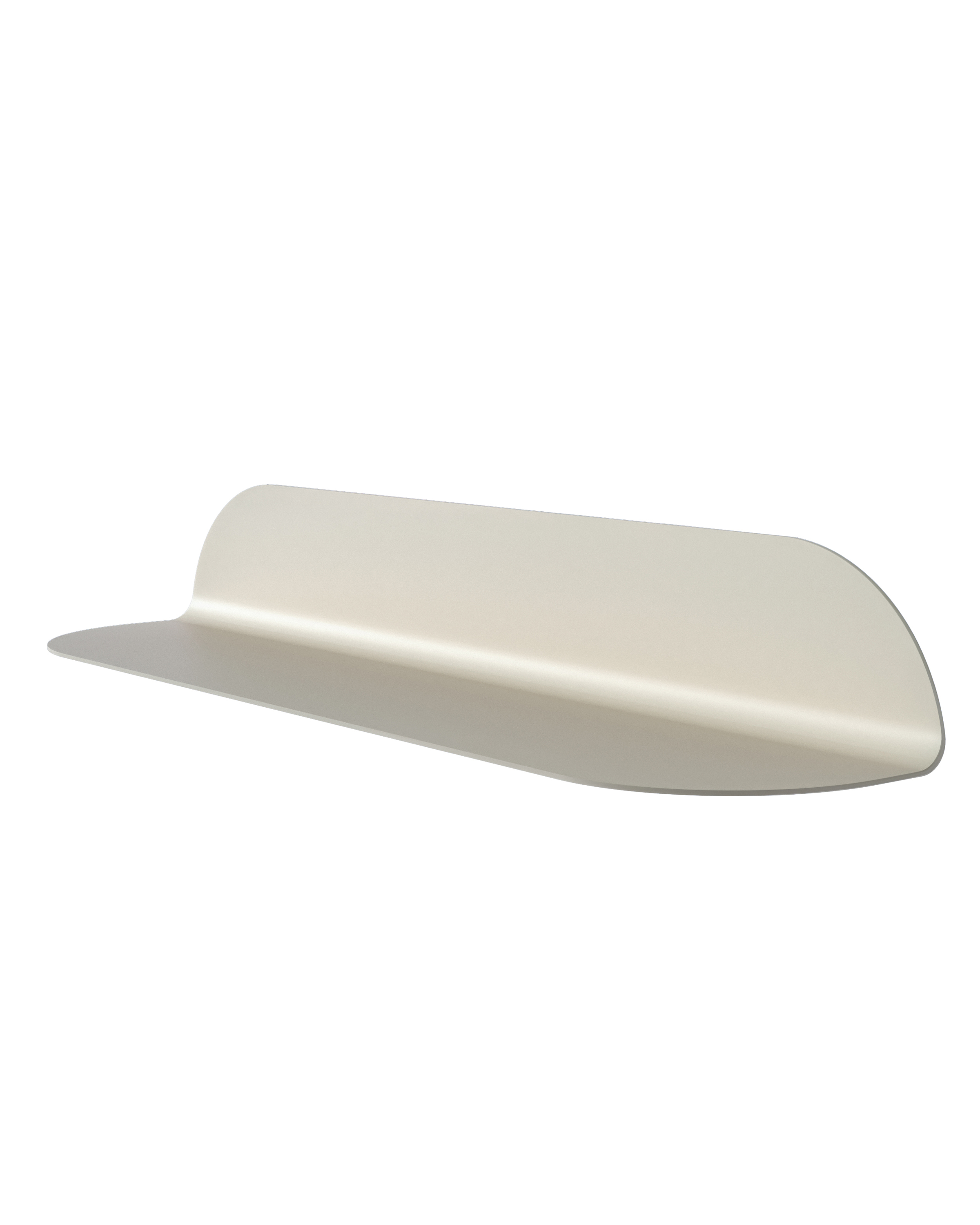 A cream-colored shelf with an elongated shape and rounded edges, on a white background.