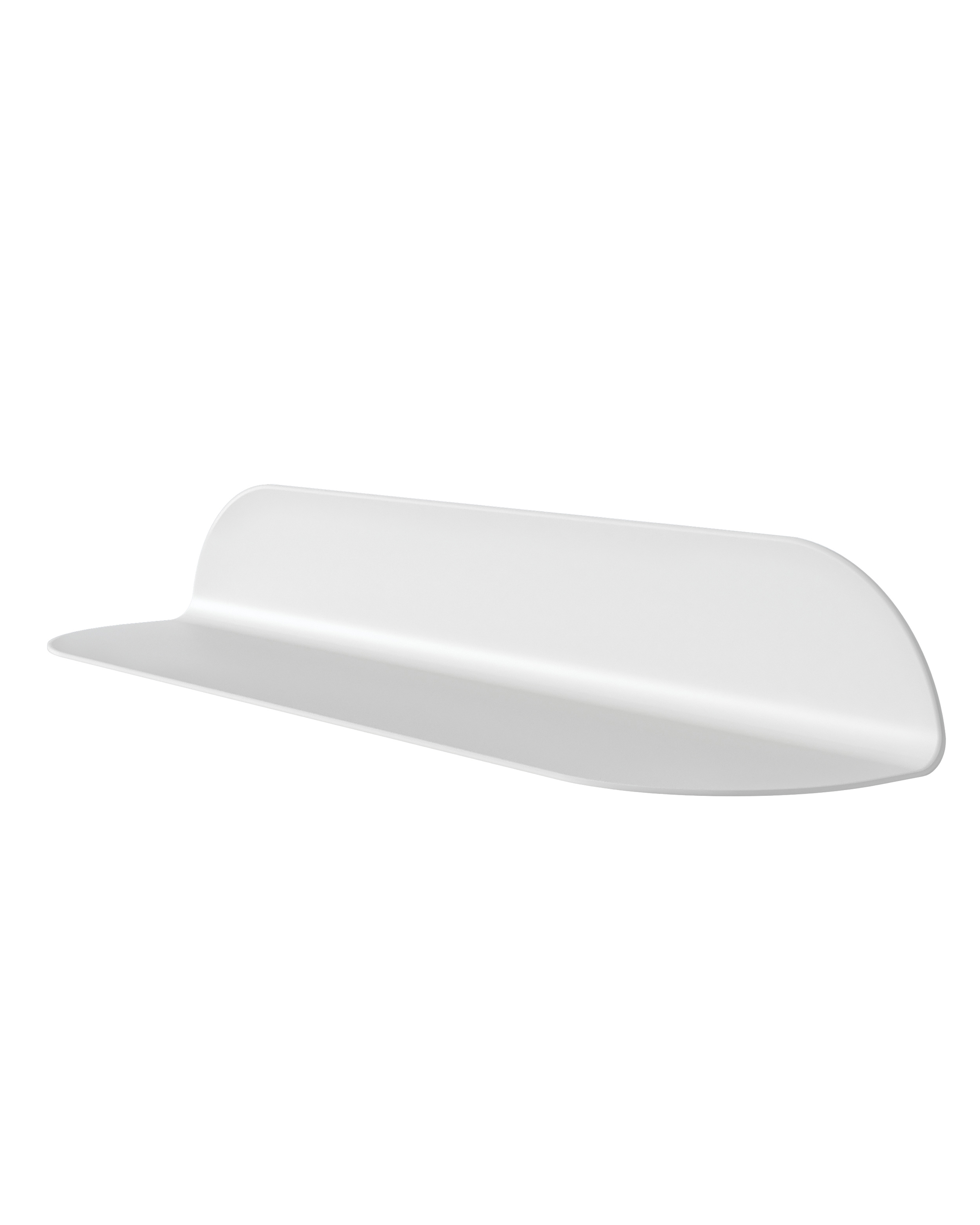 A minimalist white shelf with an elongated shape and rounded edges, on a white background.